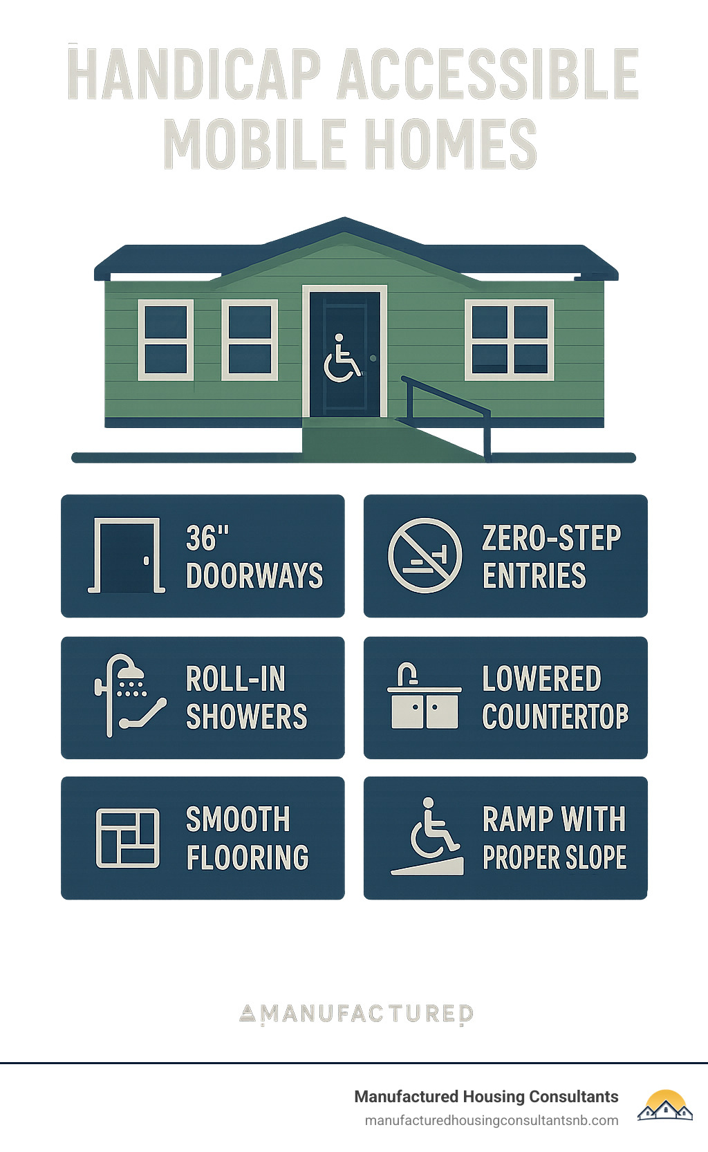 Infographic showing handicap accessible mobile home features including 36" doorways, zero-step entries, roll-in showers with grab bars, lowered countertops, smooth flooring, and ramp design with proper slope ratios - handicap accessible mobile homes infographic 