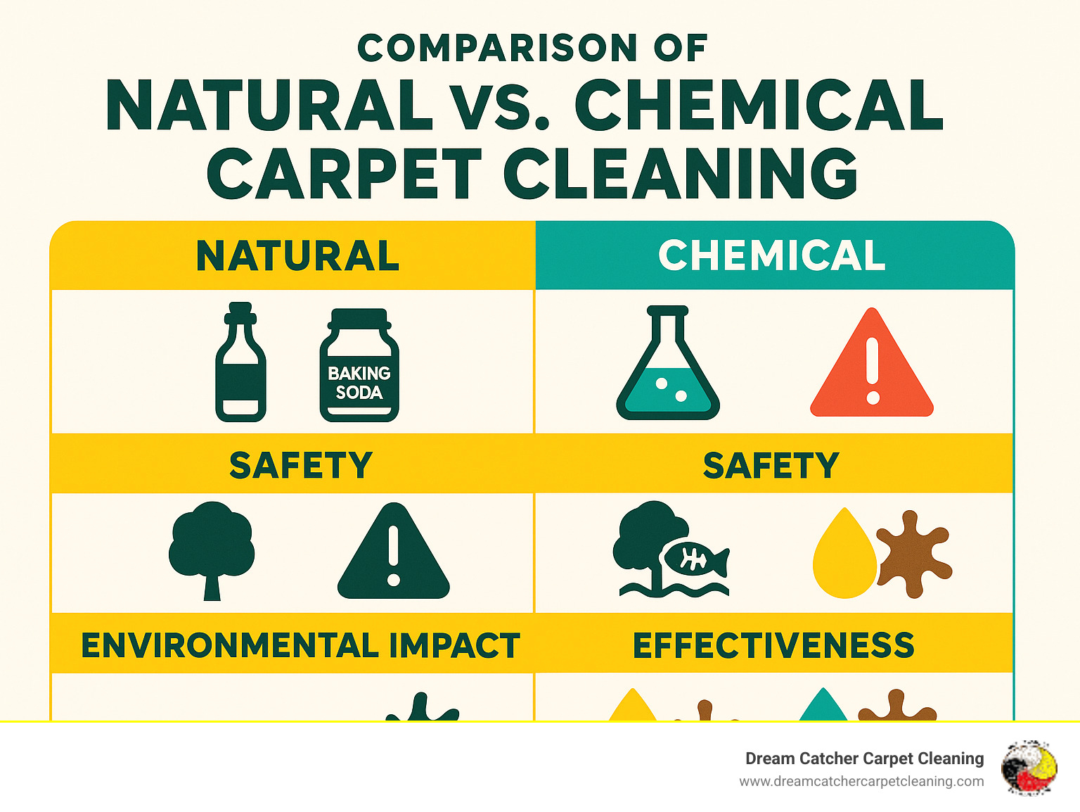 Comparison of natural vs chemical carpet cleaning methods showing ingredients, safety ratings, environmental impact, and effectiveness for different stain types - All-natural carpet cleaning infographic 