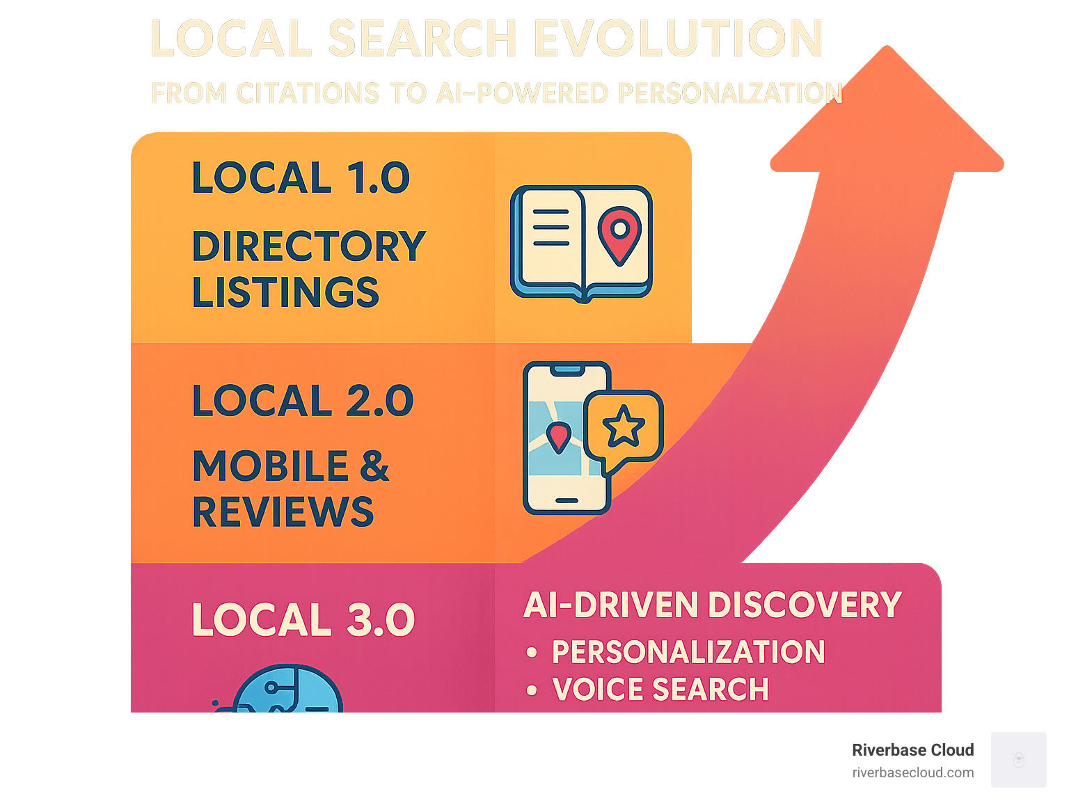 Local search evolution from citations to AI-powered personalization showing three phases: Local 1.0 (directory listings), Local 2.0 (mobile and reviews), and Local 3.0 (AI-driven findy with personalization, voice search, and predictive analytics) - Enhancing local visibility through AI infographic 