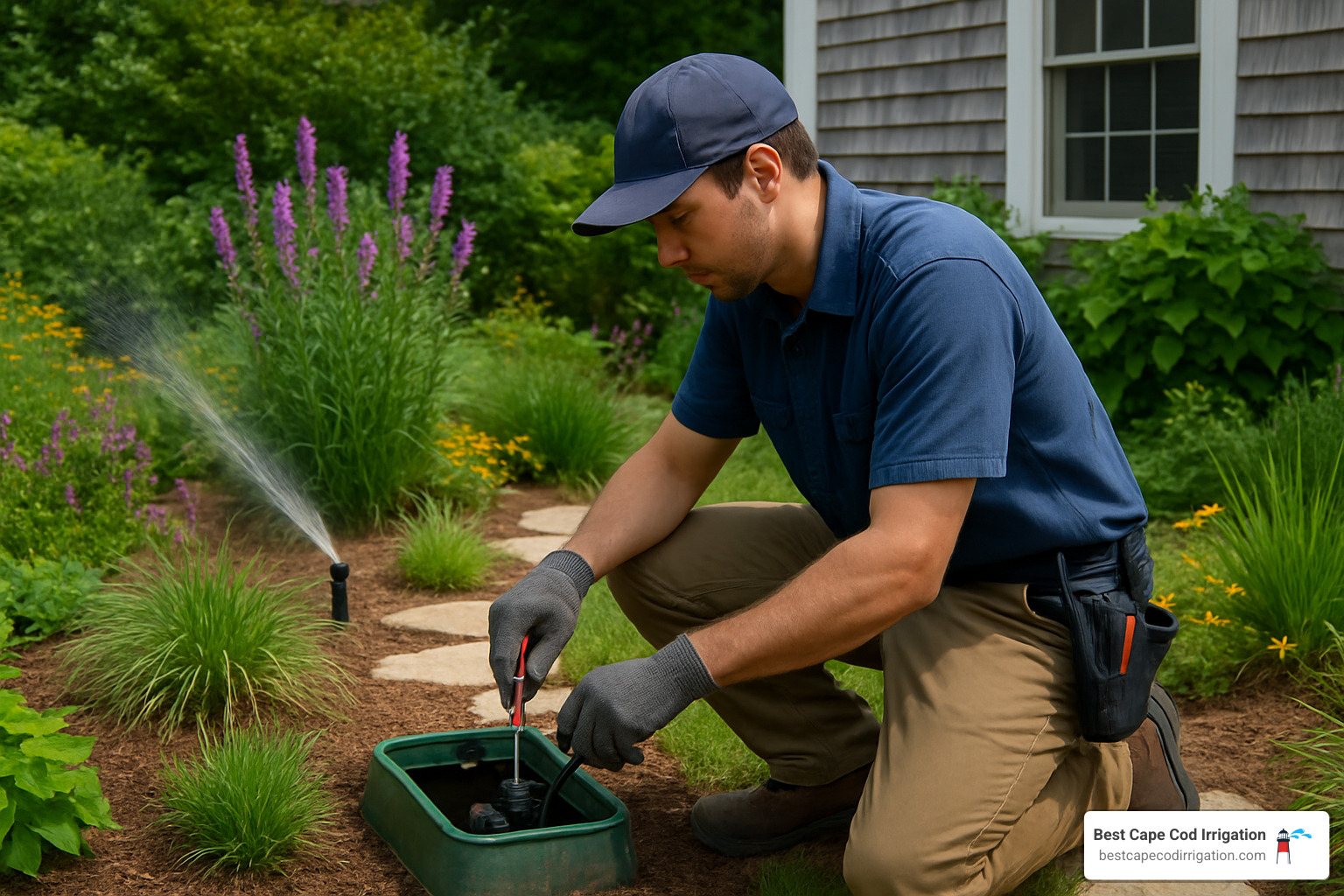 Irrigation technician performing maintenance on eco-friendly system in Cape Cod garden - eco-friendly irrigation cape cod