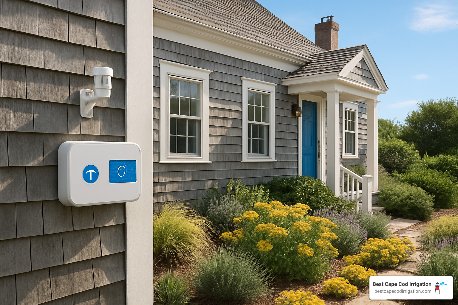 Smart irrigation controller with rain sensor installed on Cape Cod home - eco-friendly irrigation cape cod