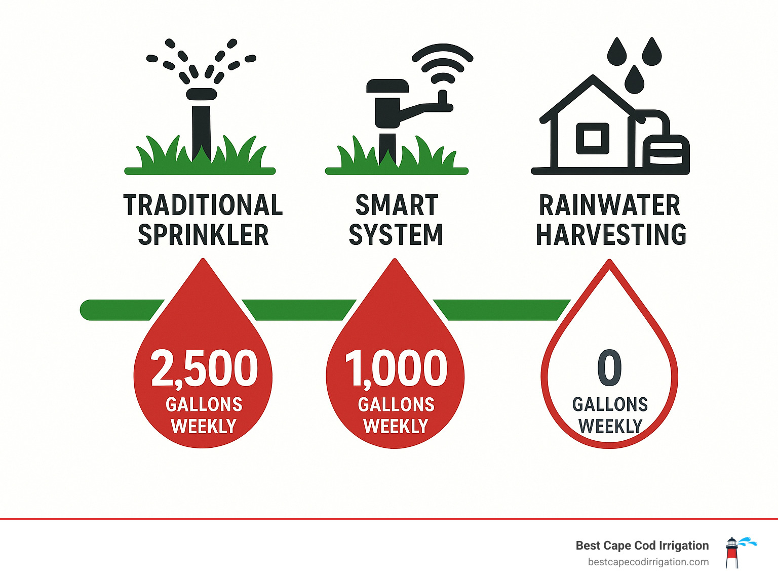 Comparison of water usage between traditional and eco-friendly irrigation systems showing traditional sprinklers using 2,500 gallons weekly versus smart systems using 1,000 gallons, drip irrigation using 750 gallons, and rainwater harvesting systems using 0 gallons of municipal water - eco-friendly irrigation cape cod infographic 