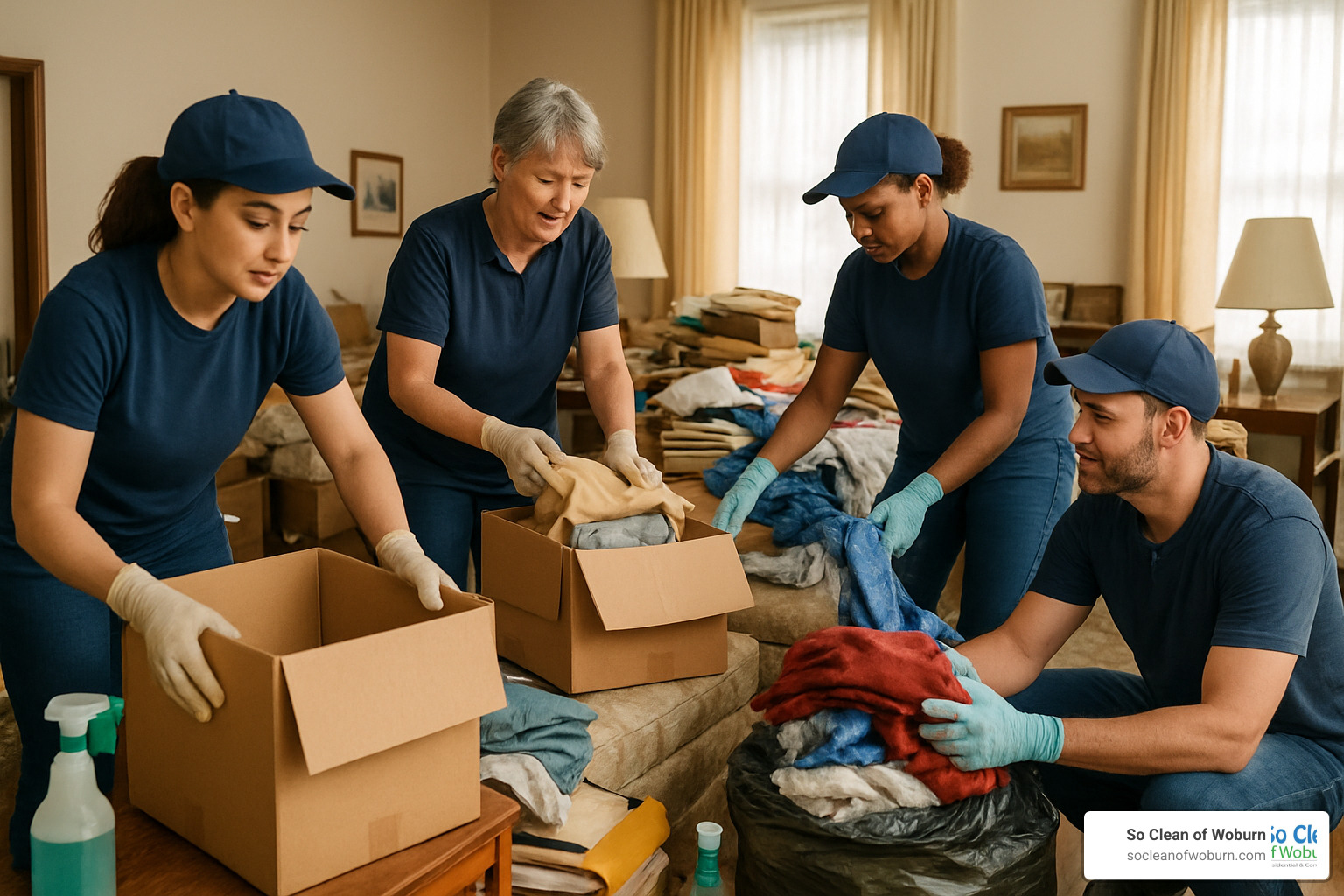 Professional cleaners organizing cluttered living space - deep cleaning services for seniors