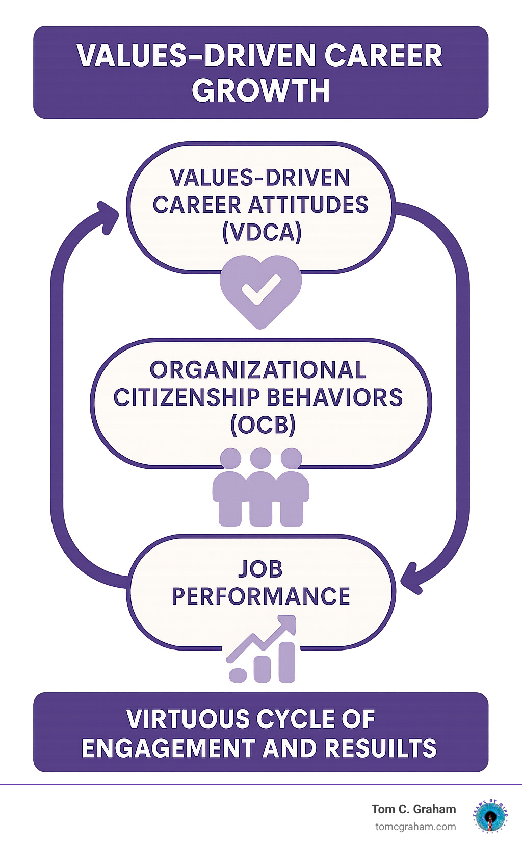 Diagram showing how Values-Driven Career Attitudes (VDCA) lead to Organizational Citizenship Behaviors (OCB) which improve Job Performance, creating a virtuous cycle of engagement and results - values-driven career growth infographic 