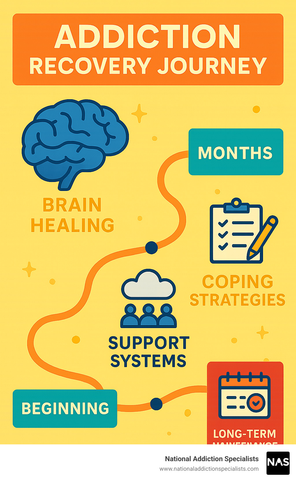 Addiction Recovery Journey showing brain healing, support systems, coping strategies, and long-term maintenance across a timeline with key milestones and intervention points - addiction recovery strategies infographic 