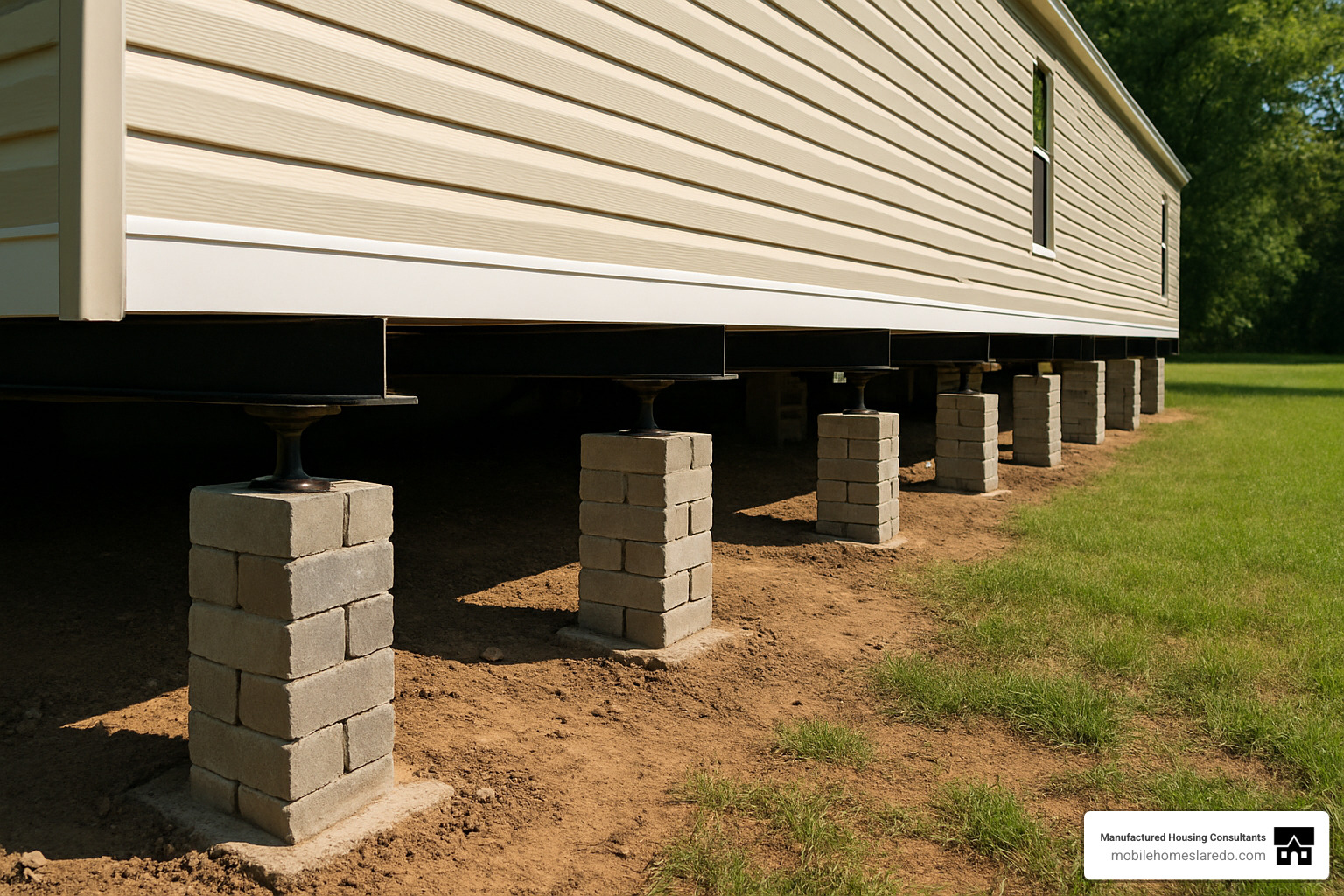 Pier and beam foundation with concrete blocks and steel supports - types of foundations for mobile homes Pier and beam foundation with concrete blocks and steel supports - types of foundations for mobile homes