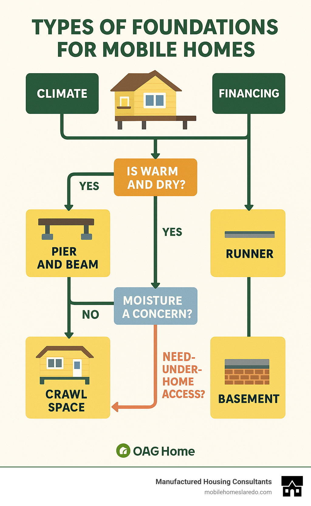 Mobile home foundation decision flowchart showing climate, budget and financing considerations for choosing between pier and beam, slab, crawl space, runner and basement foundations - types of foundations for mobile homes infographic  Mobile home foundation decision flowchart showing climate, budget and financing considerations for choosing between pier and beam, slab, crawl space, runner and basement foundations - types of foundations for mobile homes infographic