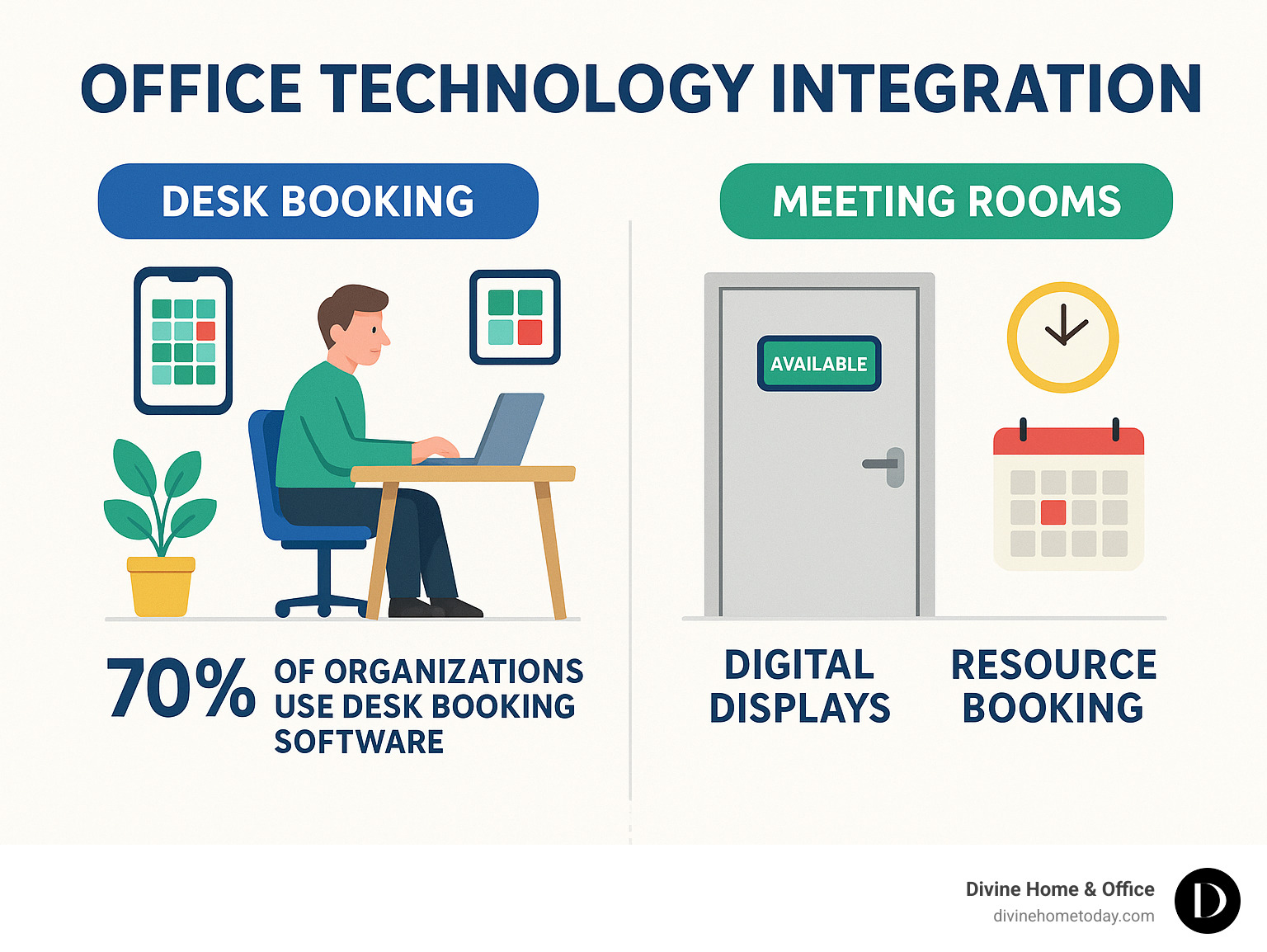 Office technology integration showing desk booking and meeting room systems - office planning and layout infographic