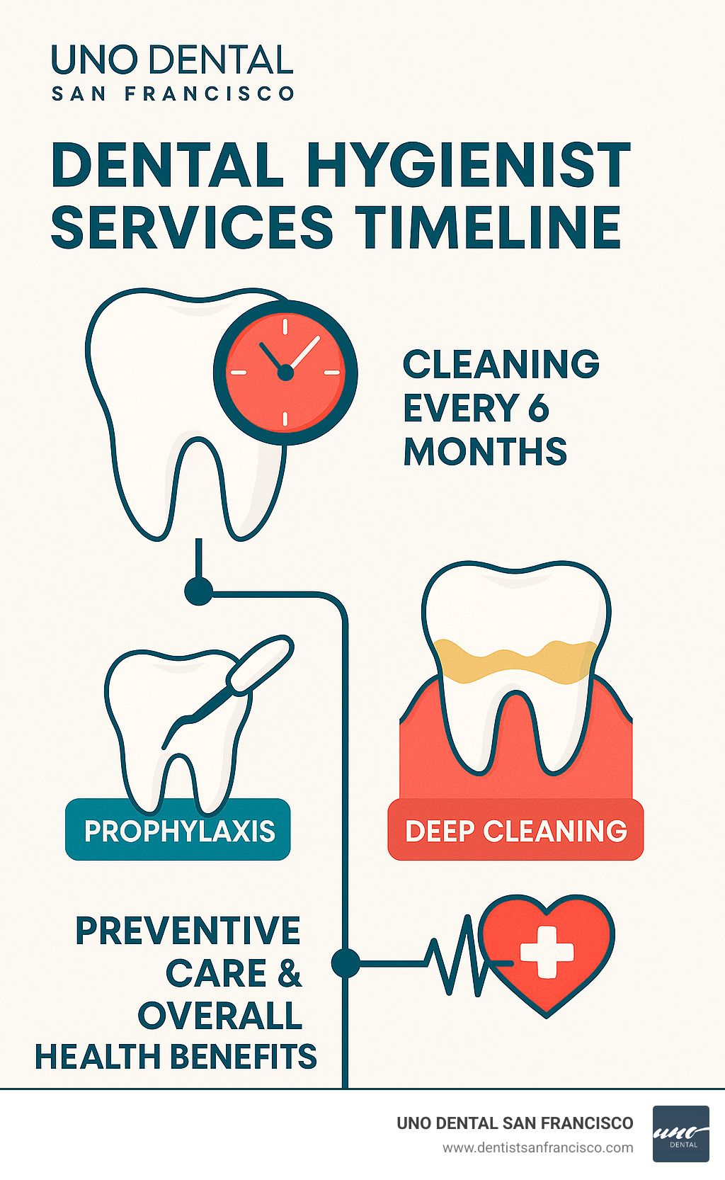 Dental hygienist services timeline showing recommended 6-month cleaning schedule, types of cleanings (prophylaxis vs. deep cleaning), and relationship between preventive care and overall health benefits - dental hygienist san francisco infographic 