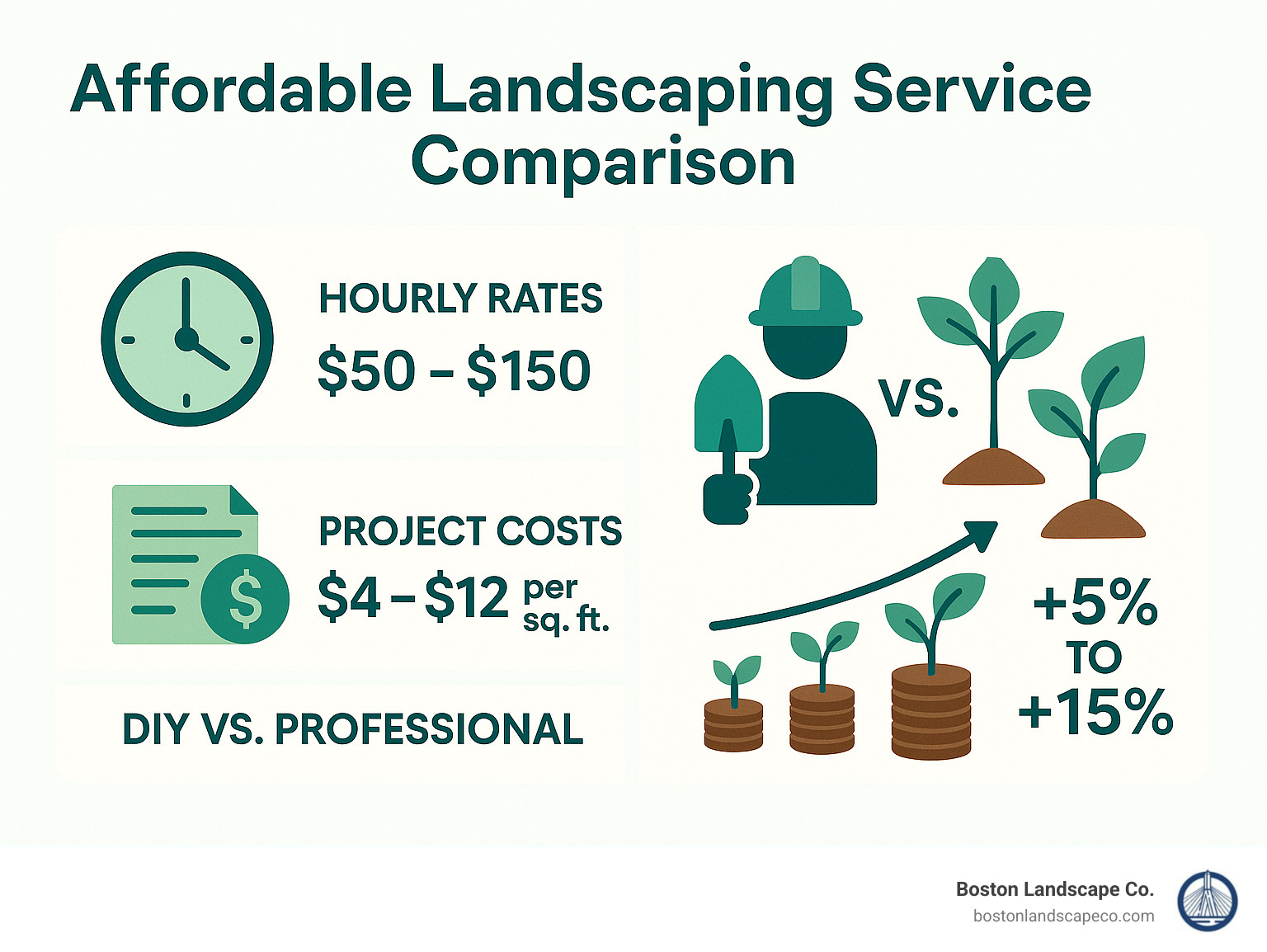 Comparison of affordable landscaping service options showing hourly rates, project costs, DIY vs professional installation costs, and potential ROI calculations for different landscaping investments - affordable landscaping service infographic 