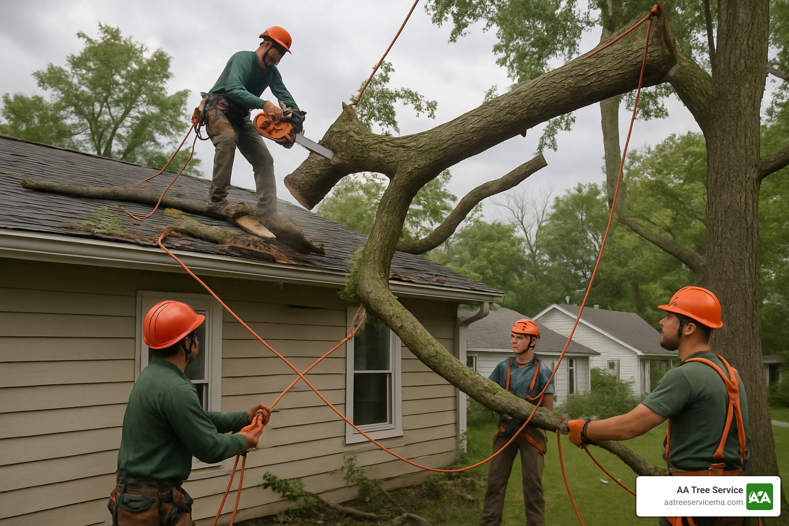 tree limb being removed from damaged roof - tree clean up service