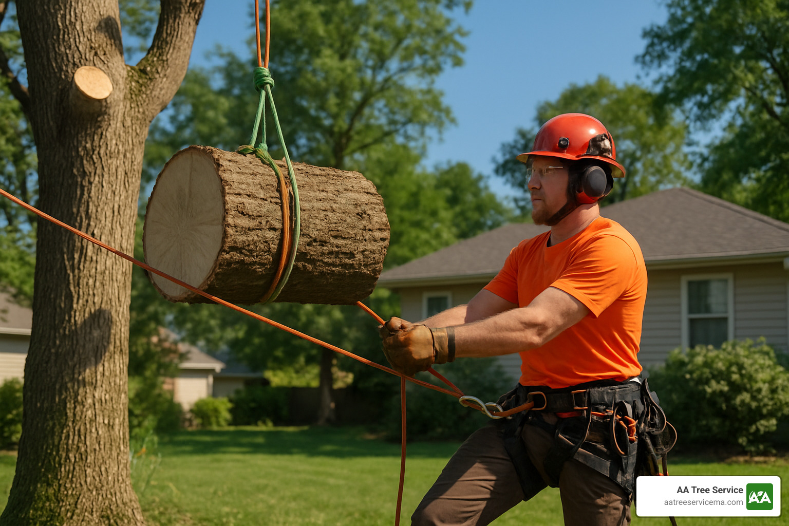 arborist safely lowering large tree section with ropes - tree clean up service