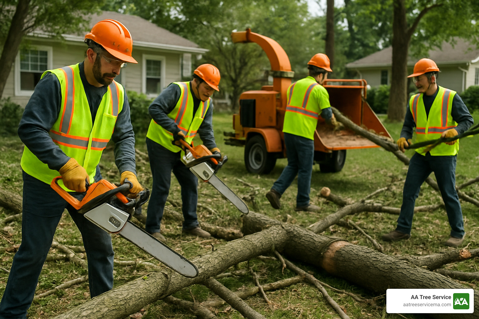 professional crew with chainsaws and safety equipment - tree clean up service