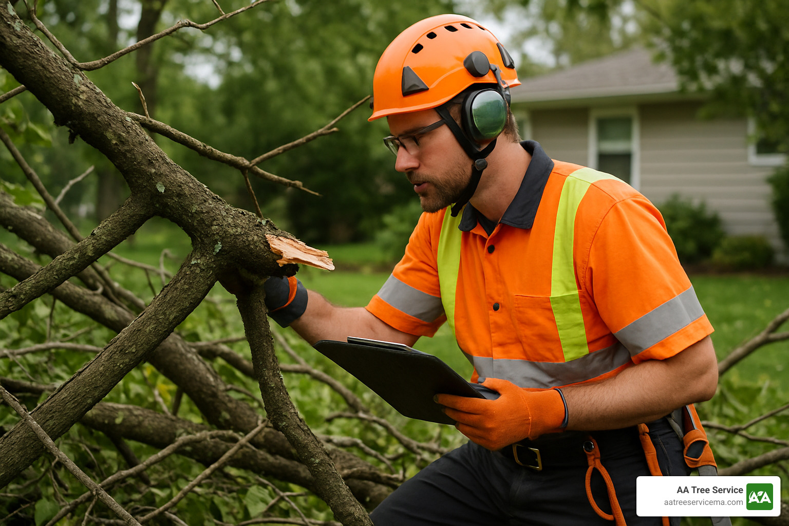 certified arborist inspecting tree damage - tree clean up service