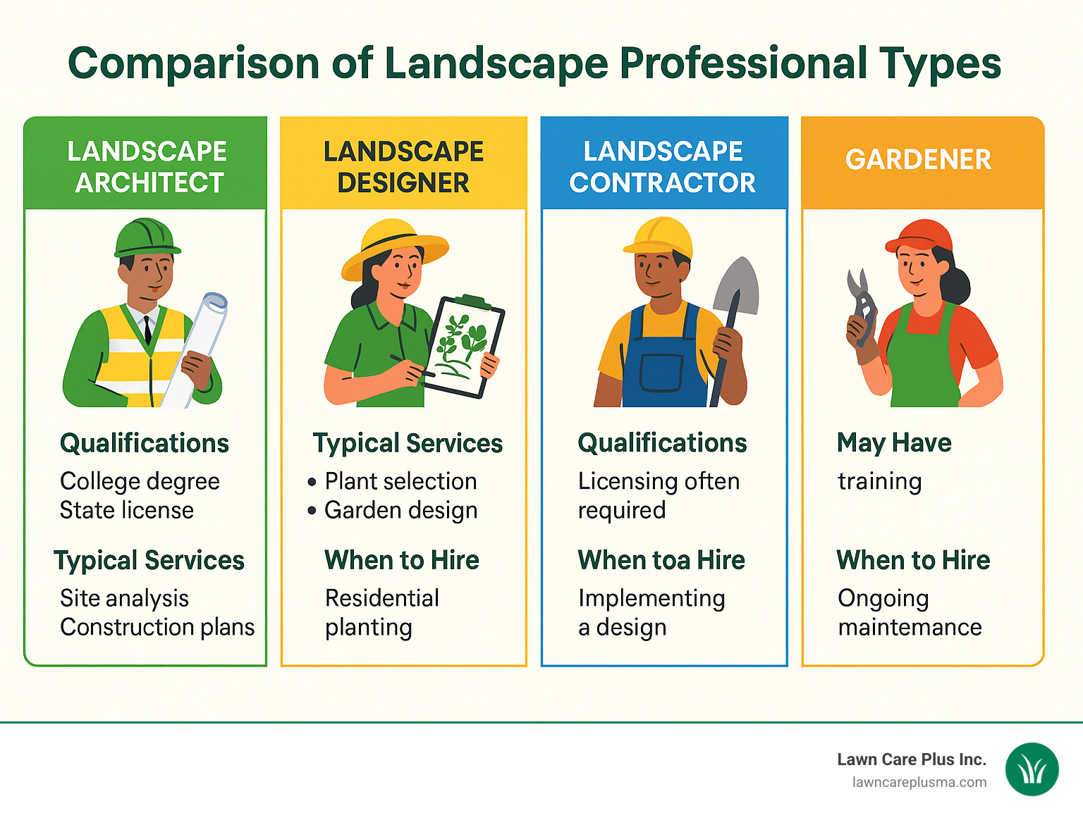 Comparison of landscape professional types showing landscape architects, designers, contractors, and gardeners with their qualifications, typical services, and when to hire each - landscape company near me infographic 