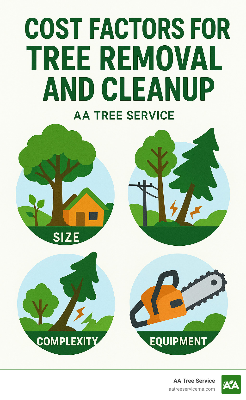 Cost factors for tree removal and cleanup showing size, location, complexity, and equipment needs - tree clean up service infographic 