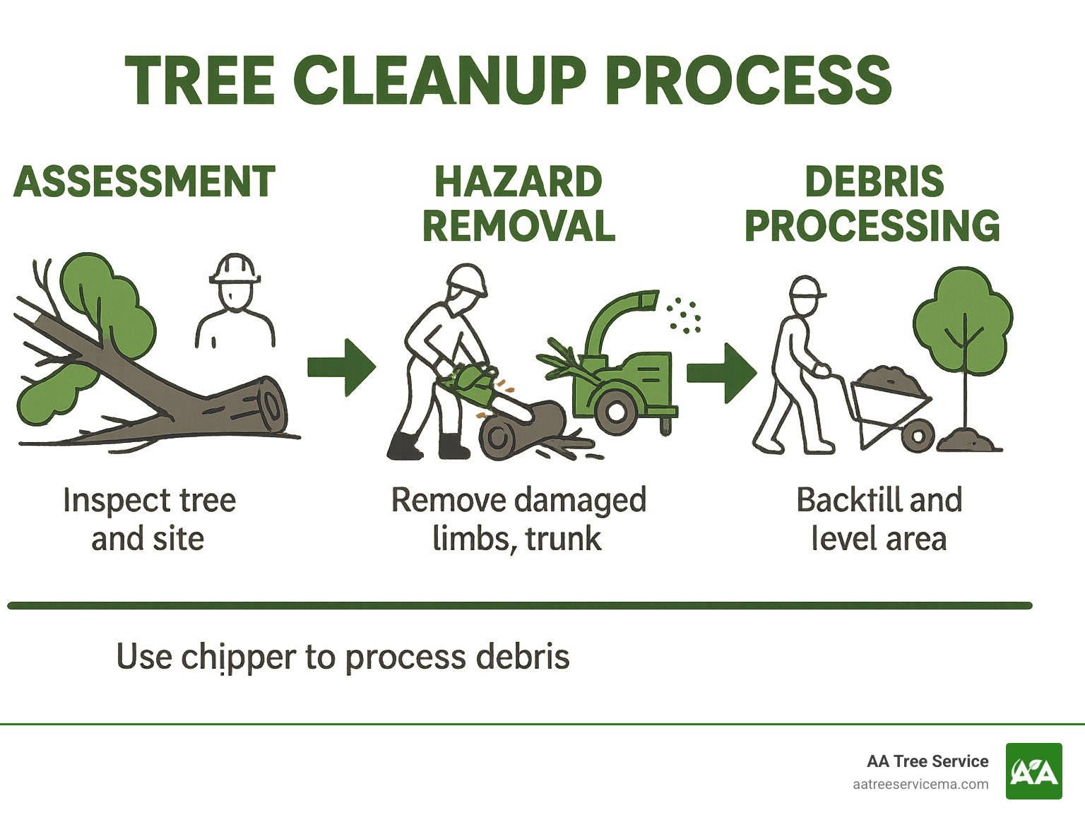 Tree cleanup process flowchart showing assessment, hazard removal, debris processing, and site restoration steps with equipment and safety protocols for each phase - tree clean up service infographic 