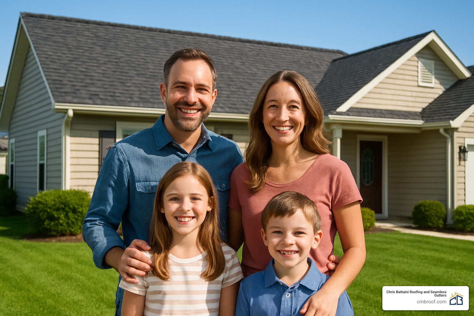 happy homeowners with new roof - roofing services near me