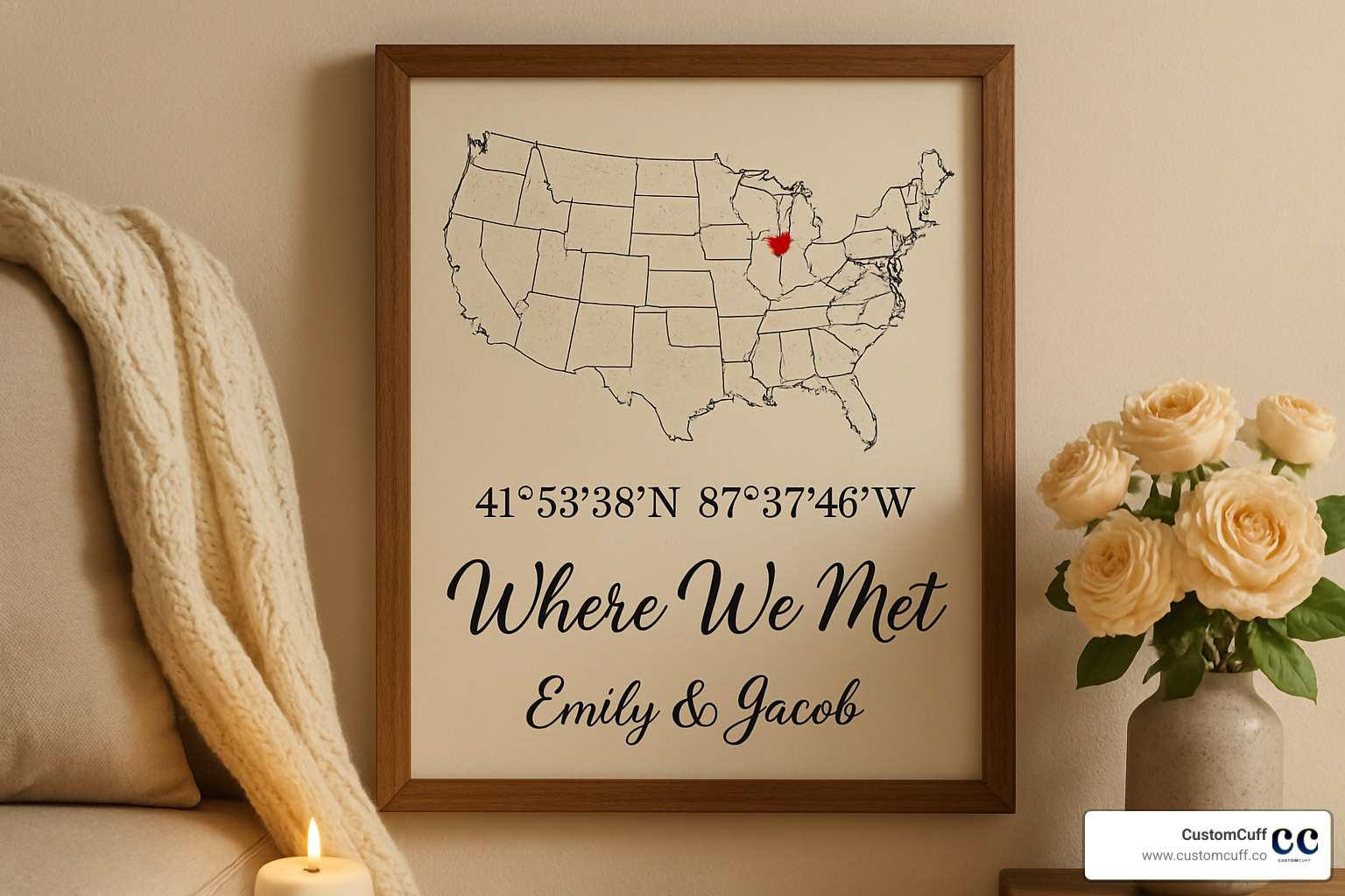 framed "Where We Met" coordinates print with a map and couple's names - coordinates gifts