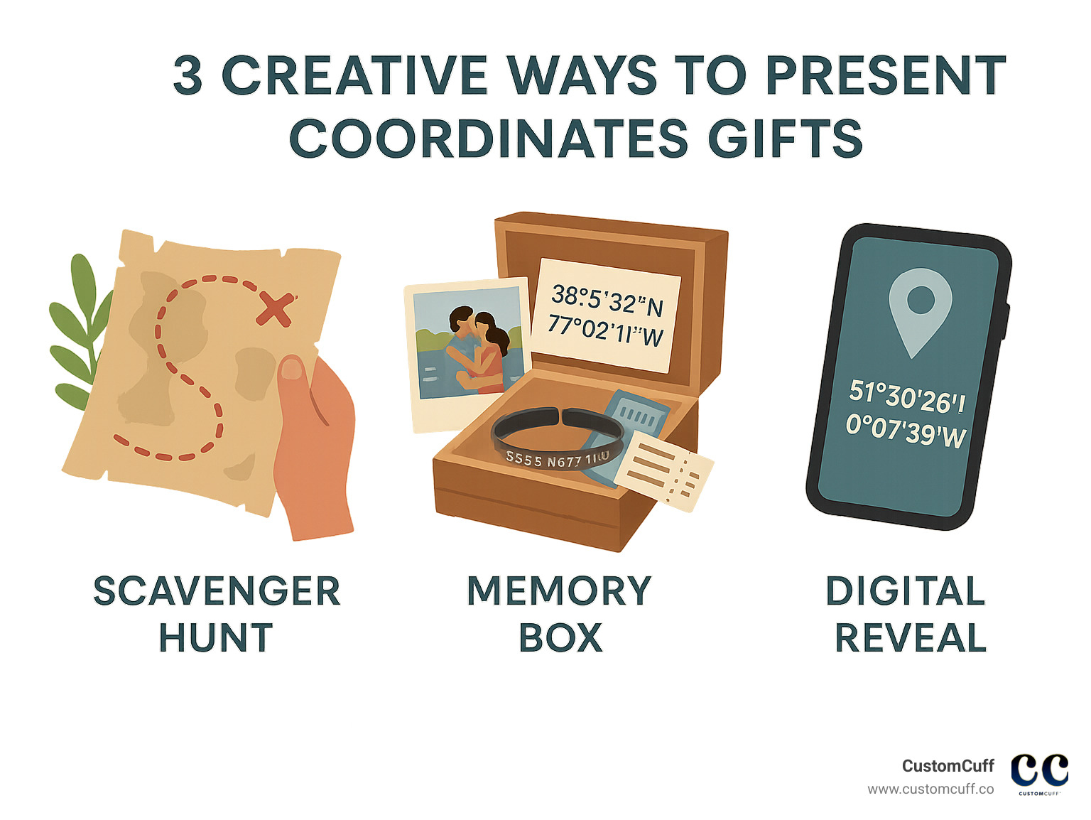 3 creative ways to present coordinates gifts: scavenger hunt, memory box, and digital reveal - coordinates gifts infographic 