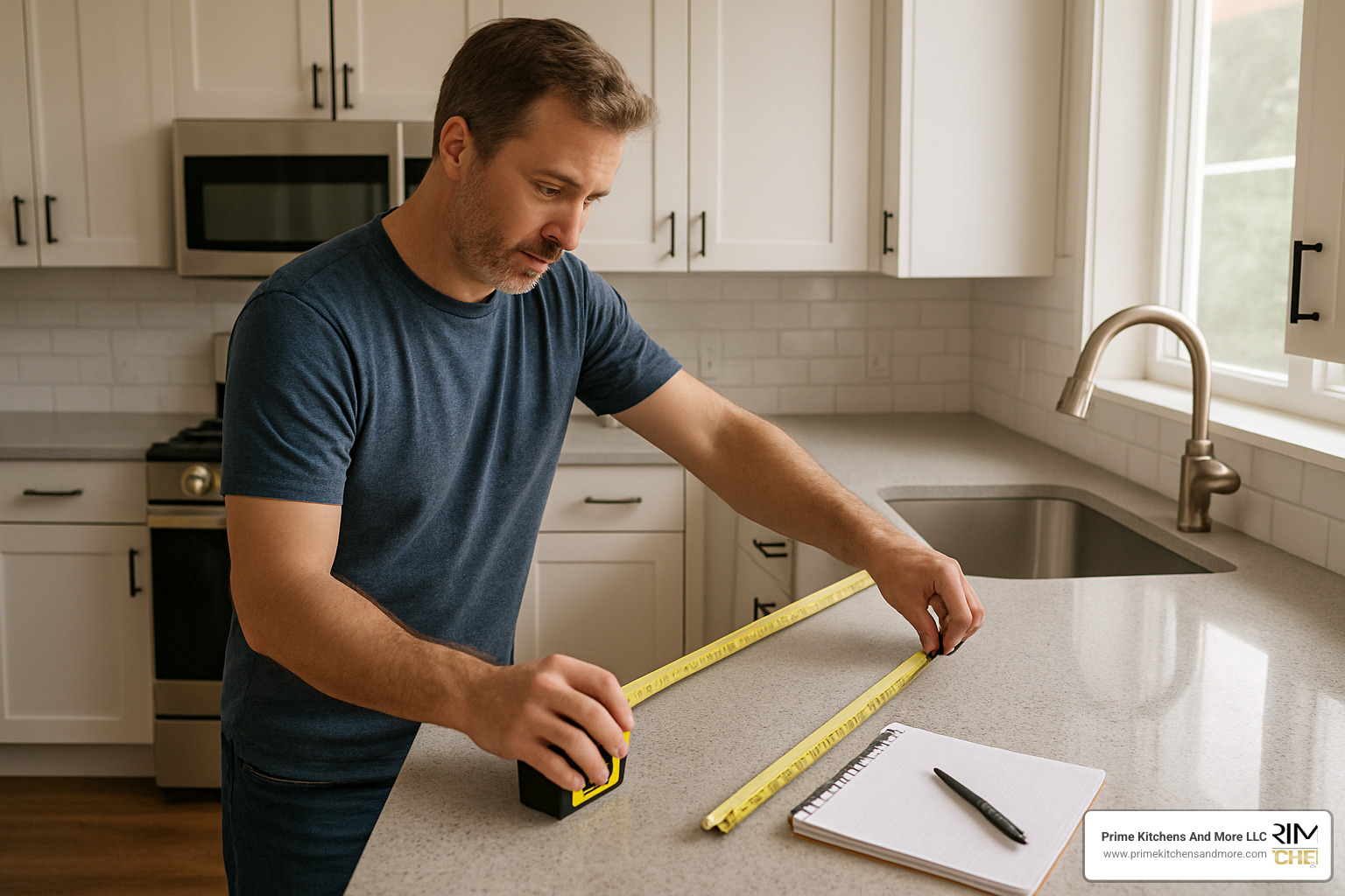 homeowner measuring kitchen for remodel estimate - free kitchen remodel estimate