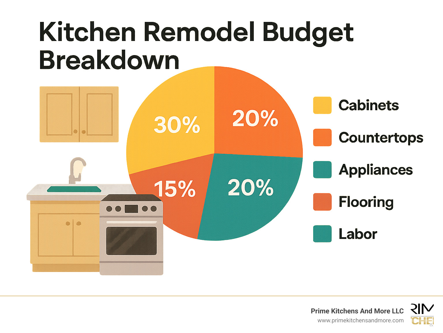 Kitchen remodel budget breakdown showing percentage allocations for cabinets, countertops, appliances, flooring, and labor - free kitchen remodel estimate infographic 