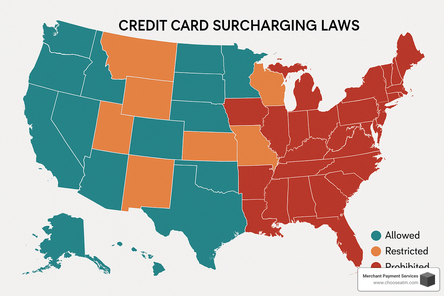 surcharge compliance map showing state regulations - best credit card processing rates for small business