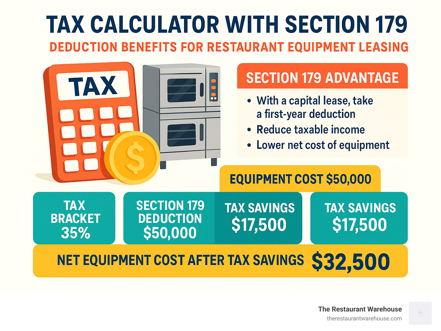Tax calculator showing Section 179 deduction benefits for restaurant equipment leasing - catering equipment lease infographic 