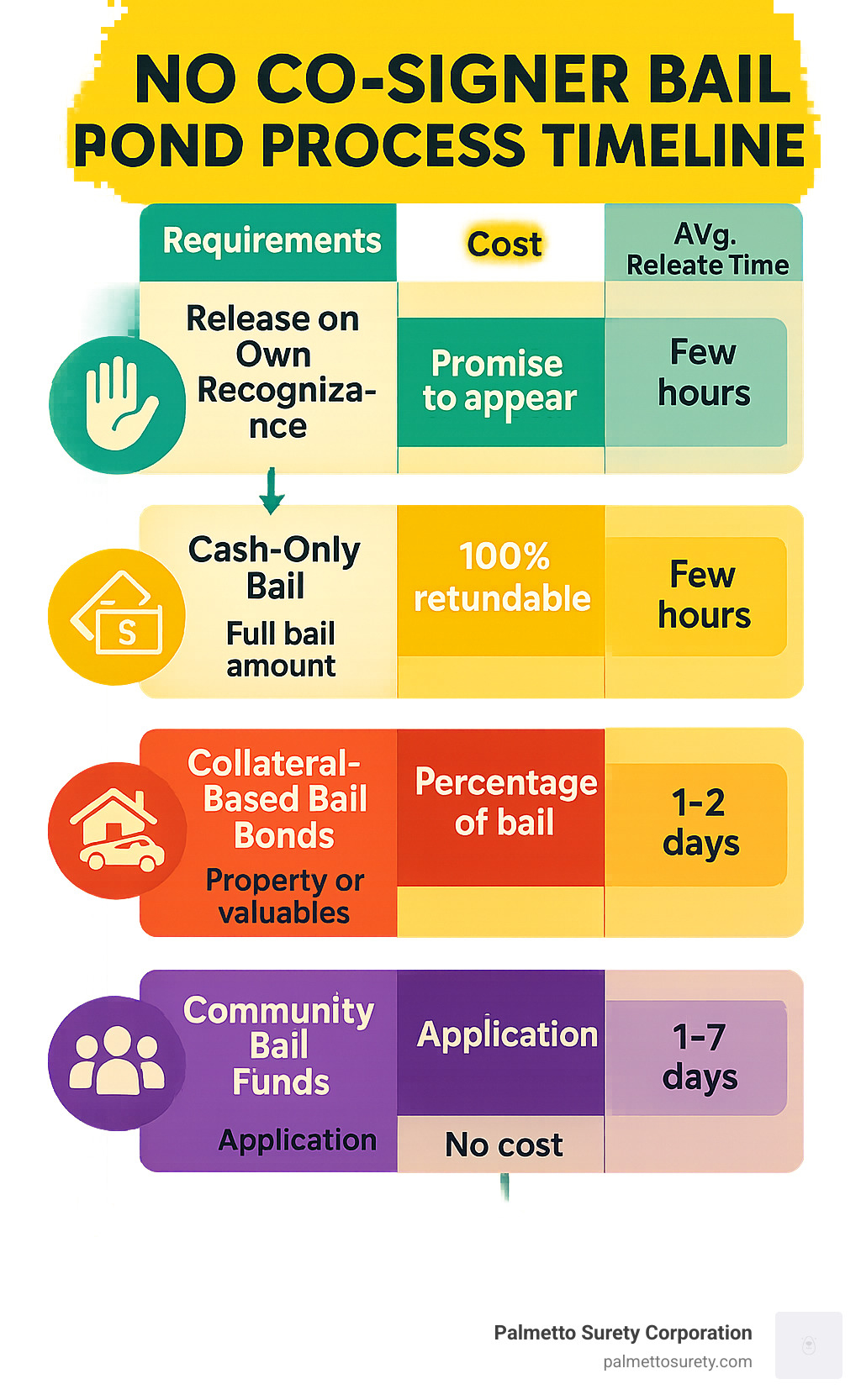 No co-signer bail bond process timeline showing the 4 main options, their requirements, costs, and average release times - bail bonds no co-signer near me infographic