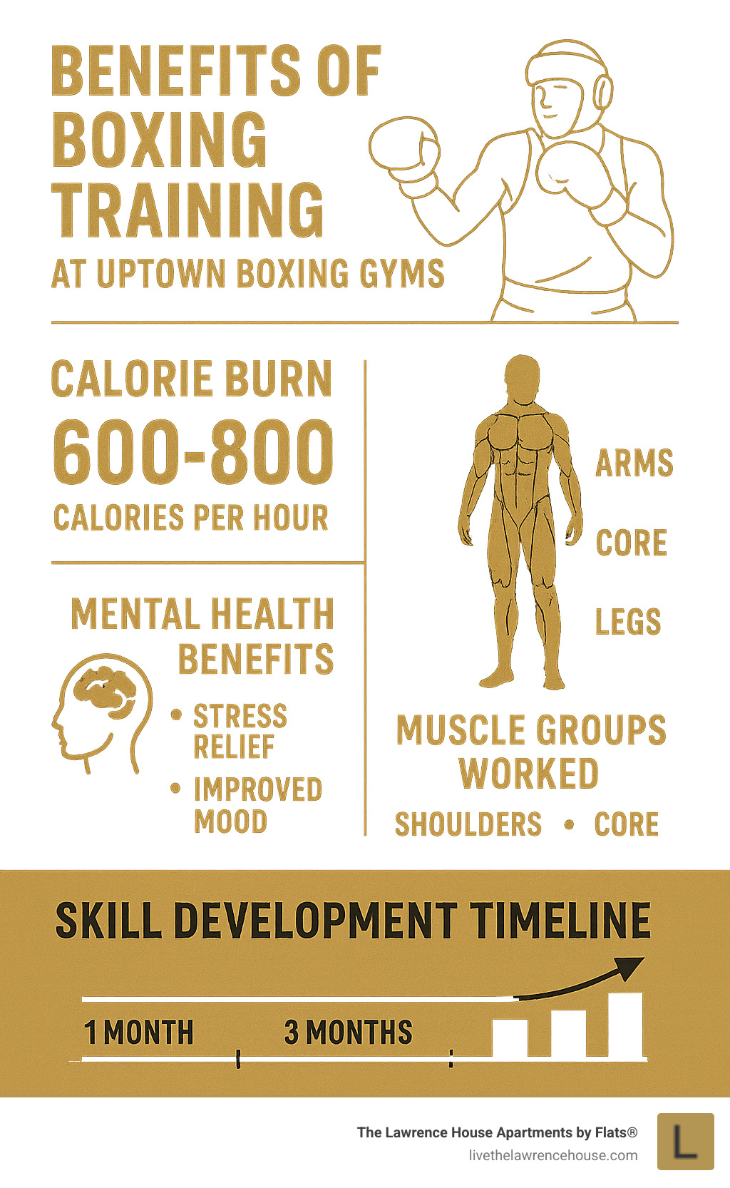 Benefits of Boxing Training at Uptown Boxing Gyms showing calorie burn rates, muscle groups worked, mental health benefits, and skill development timeline - boxing gym uptown infographic 