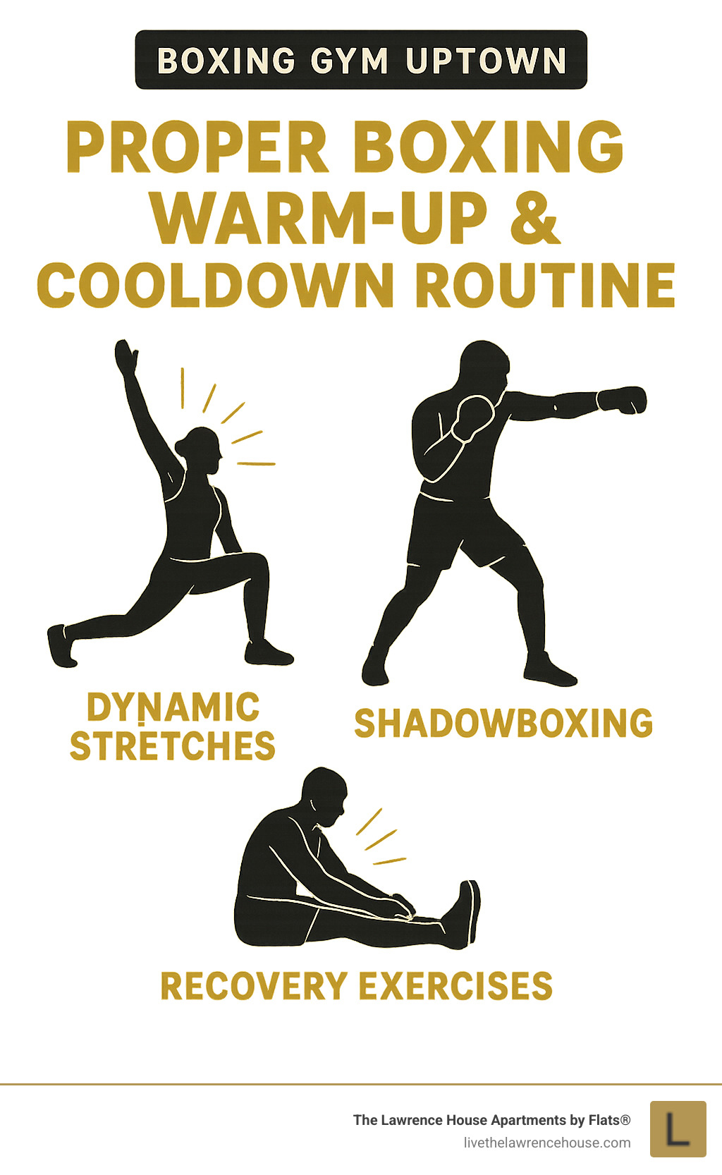 Proper boxing warm-up and cooldown routine showing dynamic stretches, shadowboxing, and recovery exercises - boxing gym uptown infographic 