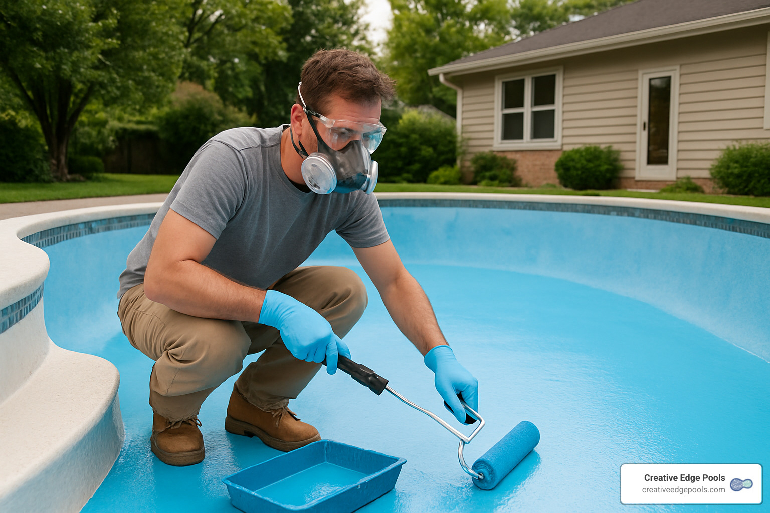 Homeowner painting a pool with proper safety equipment - gunite pool painting cost