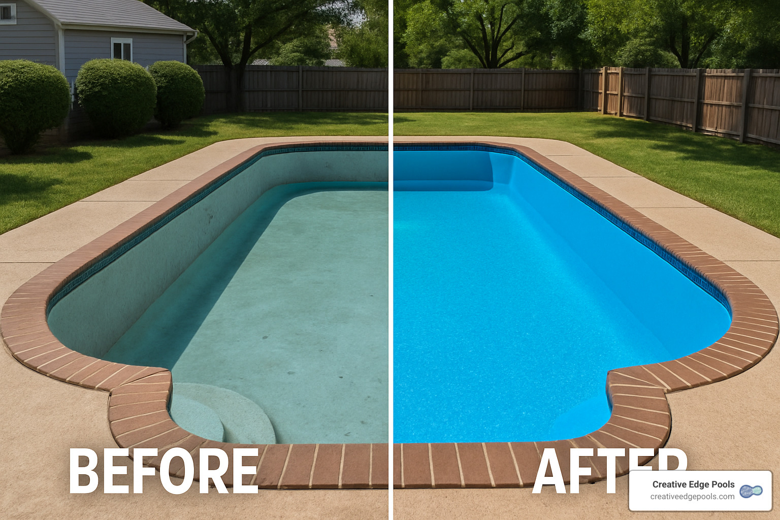 Swimming pool before and after painting showing dramatic improvement - gunite pool painting cost