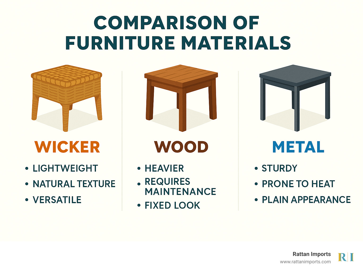 comparison of furniture materials - wicker end tables infographic 