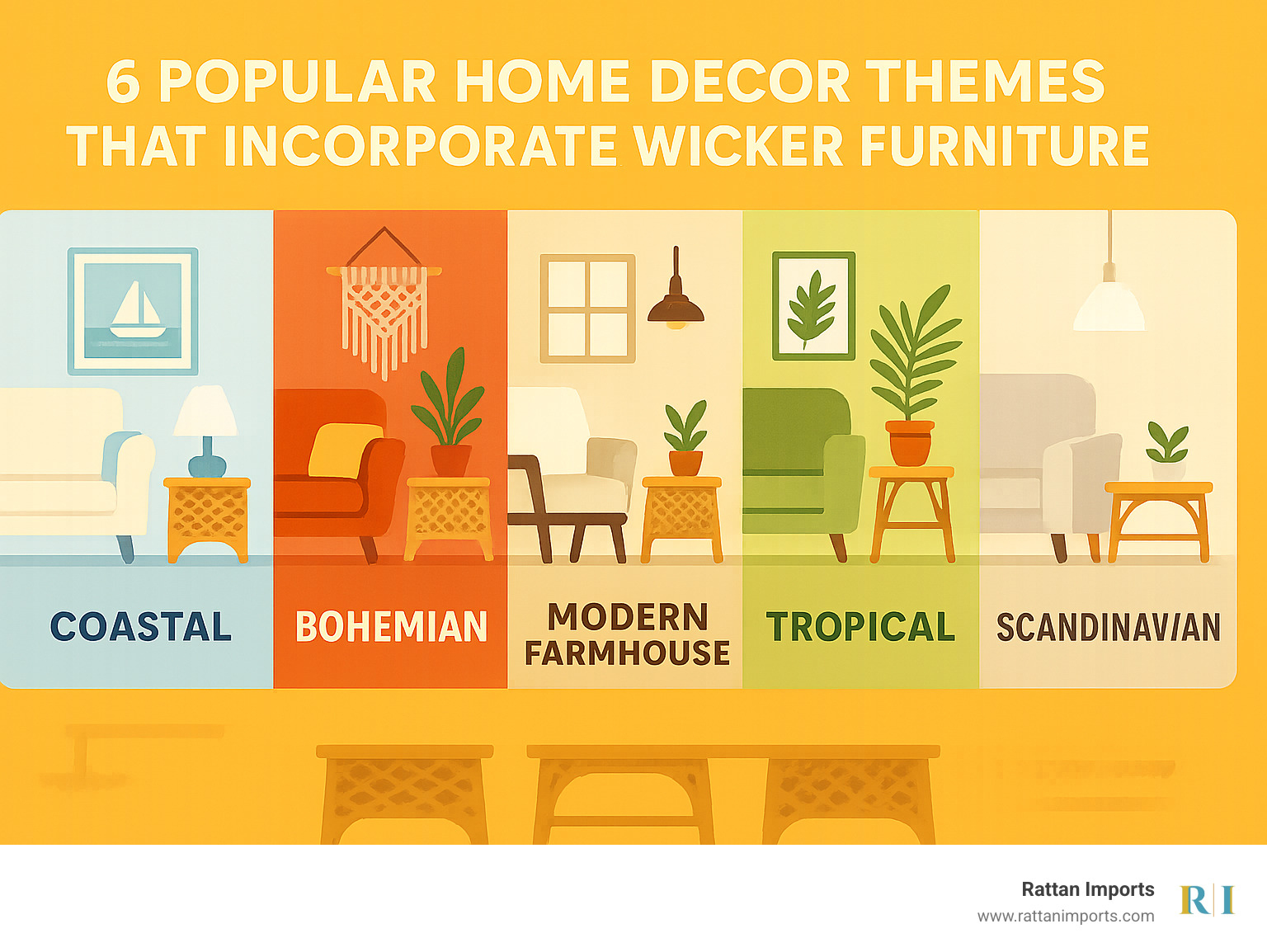 6 popular home decor themes that incorporate wicker furniture showing coastal, bohemian, modern farmhouse, mid-century modern, tropical, and scandinavian styles - wicker end tables infographic 