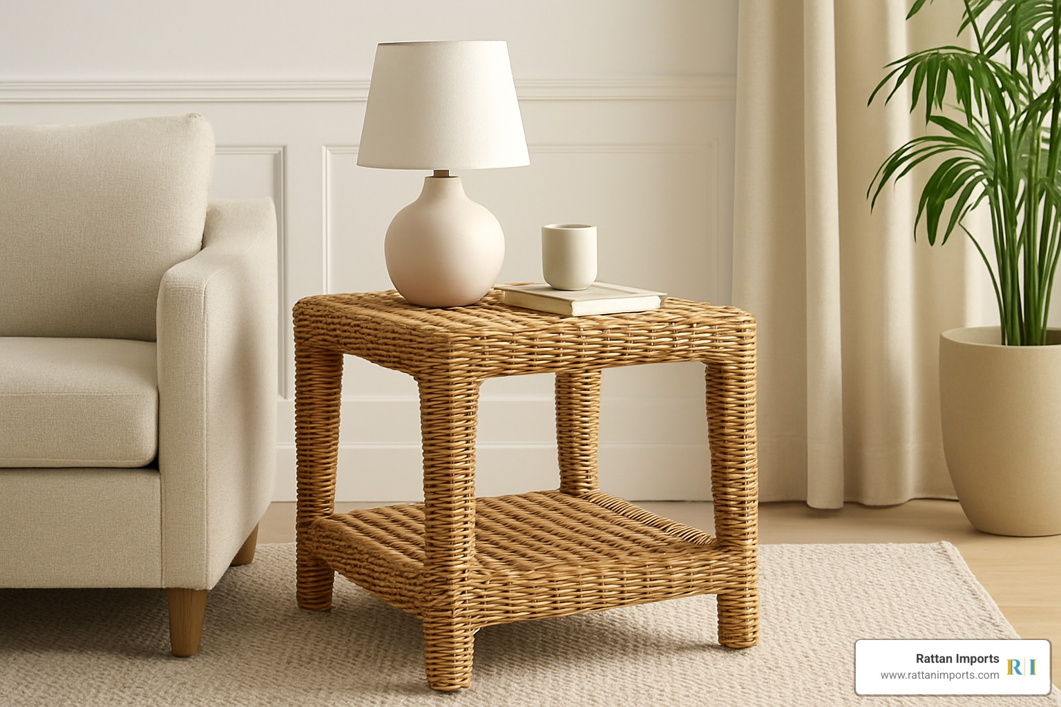 measuring tape next to sofa for height comparison - wicker end tables