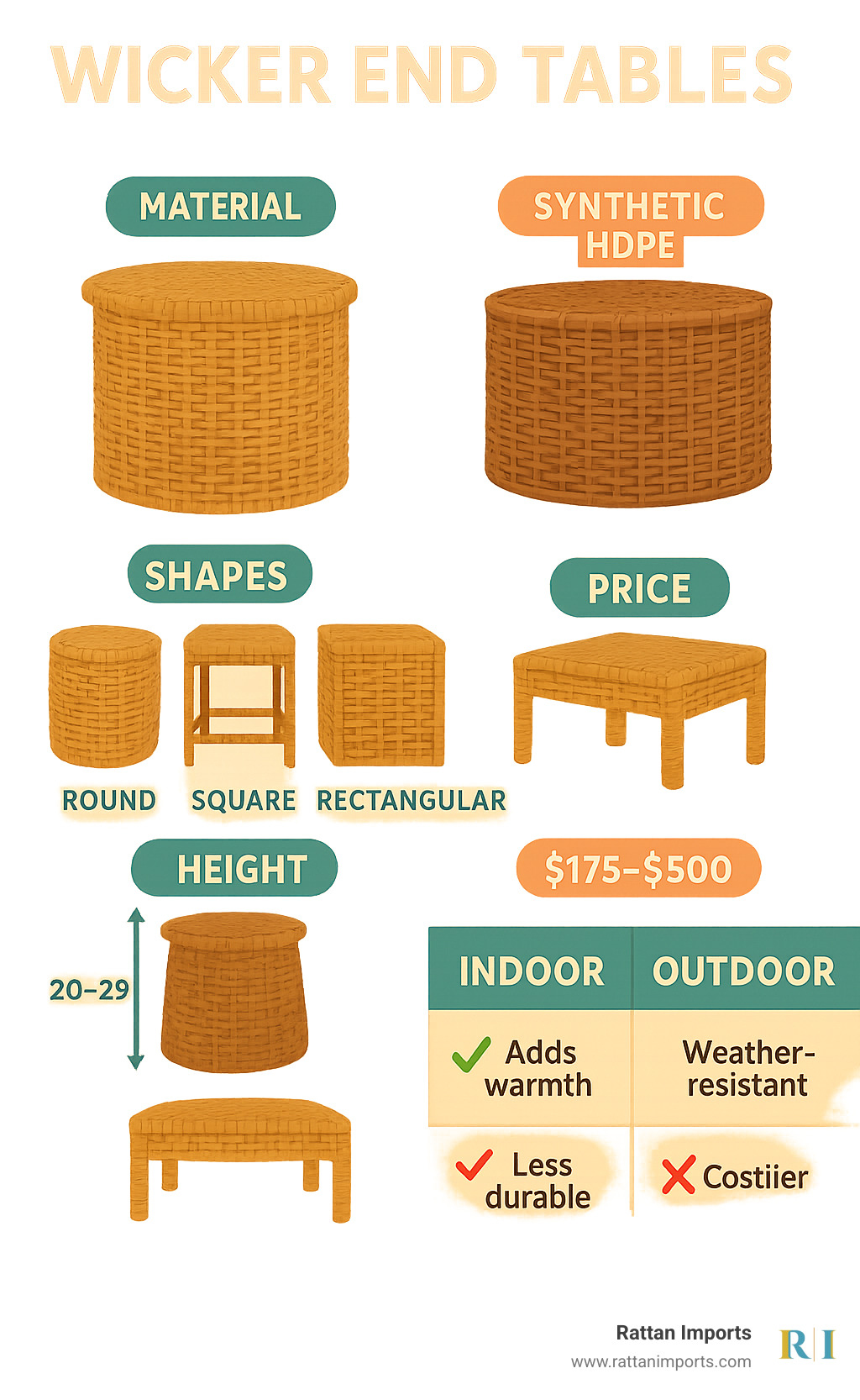 Comparison of wicker end table types showing natural rattan vs. synthetic HDPE materials, common shapes (round, square, rectangular), height ranges, and typical price points, with pros and cons for indoor vs outdoor use - wicker end tables infographic 