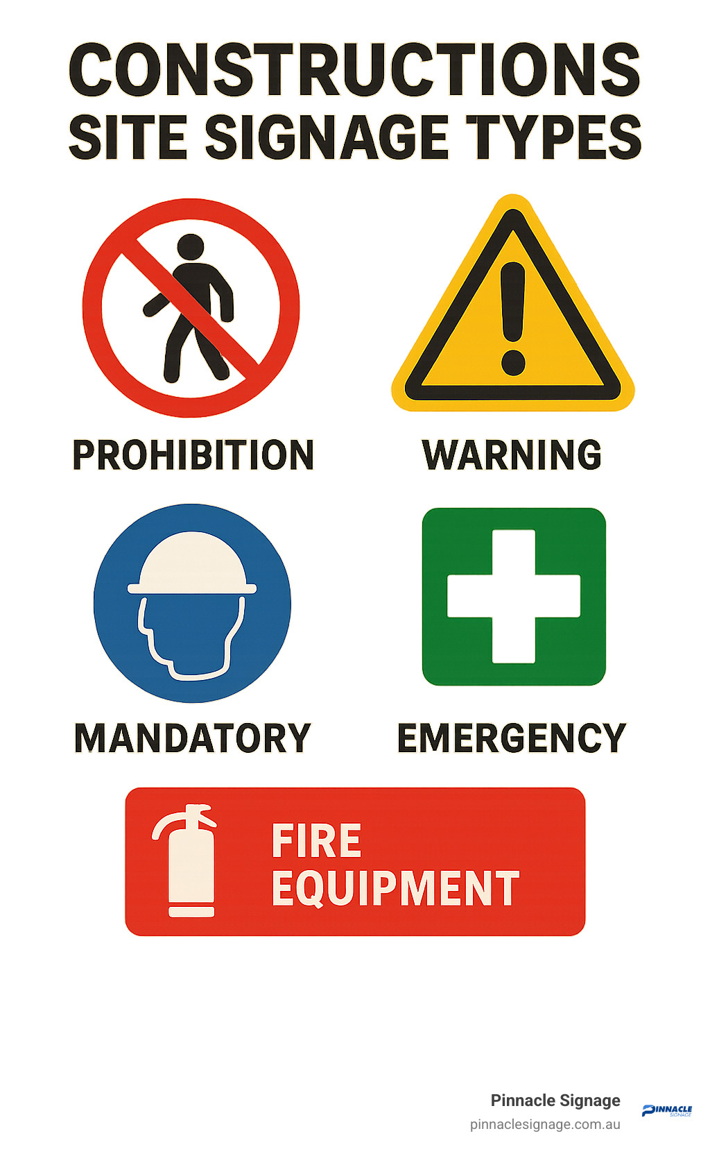 Construction site signage types showing the five main categories (prohibition, warning, mandatory, emergency, and fire equipment) with their distinctive colours, shapes and examples of each - construction site signage infographic 