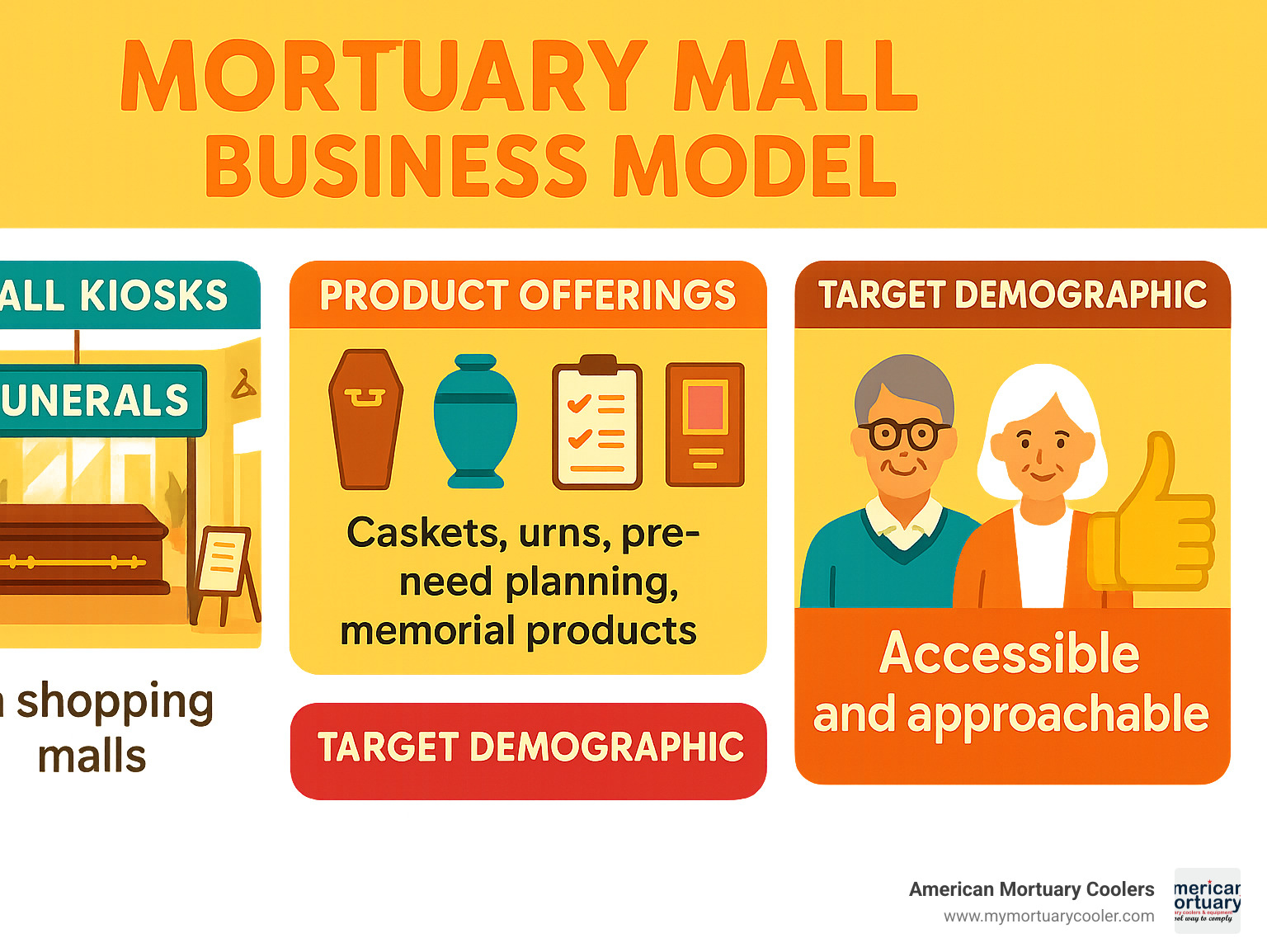 Mortuary Mall Business Model showing mall kiosks, product offerings, target demographics, and consumer benefits - mortuary mall infographic 