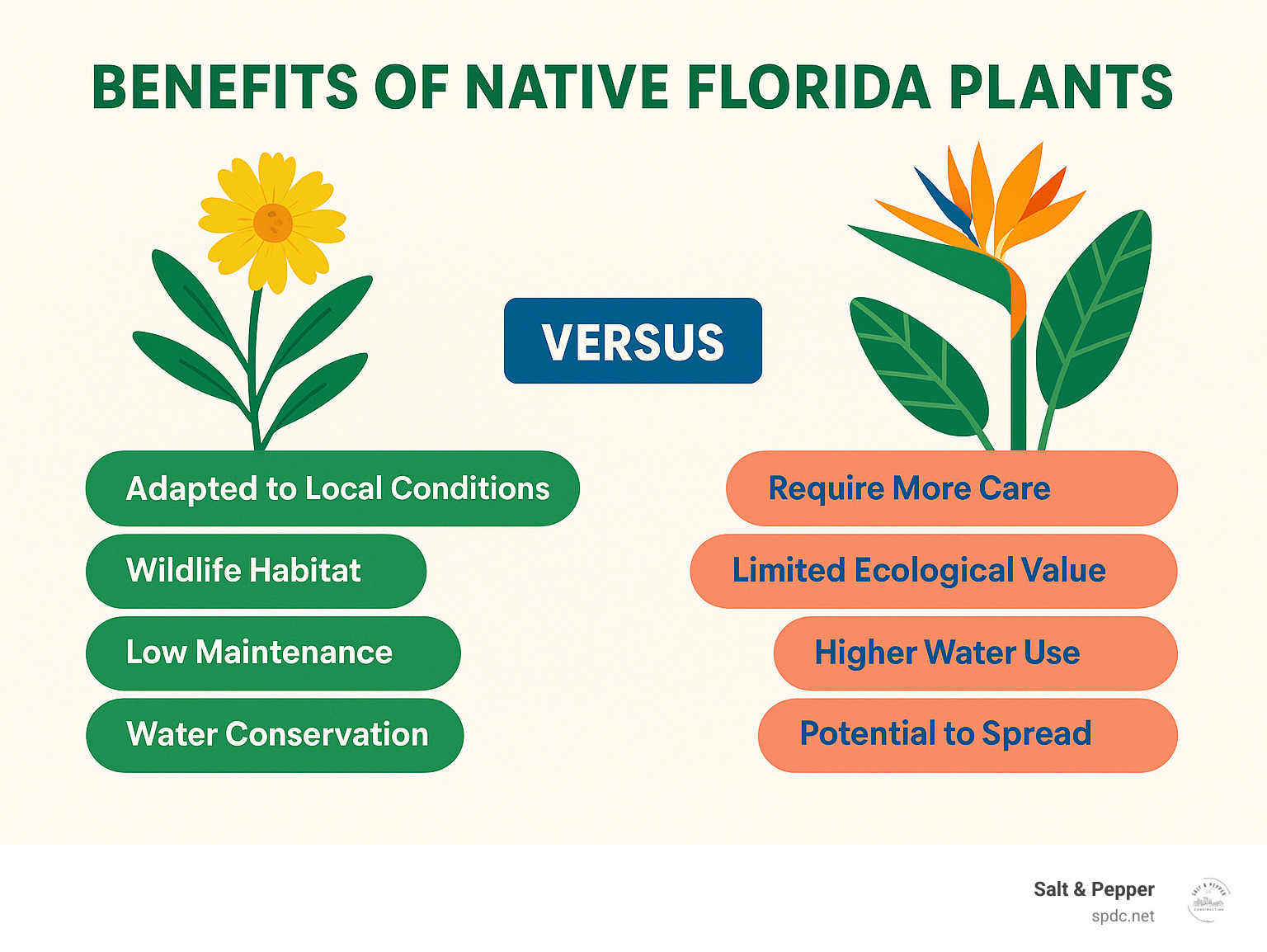 Infographic showing benefits of native Florida plants versus exotic species in residential landscapes - landscape architect tampa infographic 