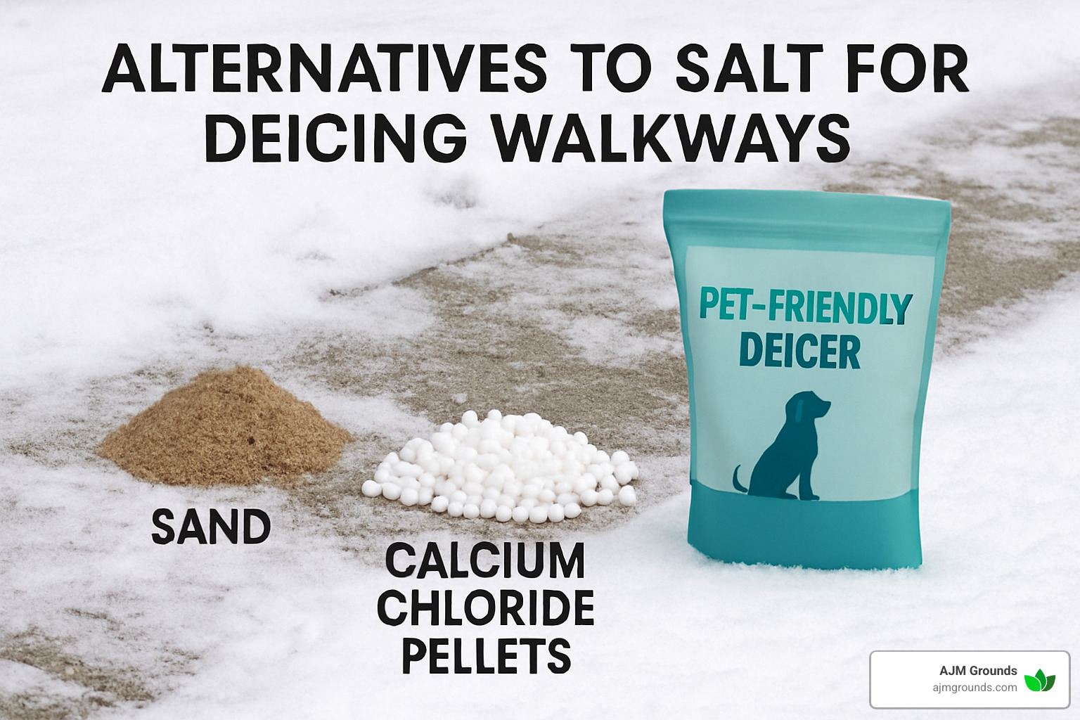 Various alternatives to salt for deicing walkways, including sand, calcium chloride, and pet-friendly options - walkway contractors near me