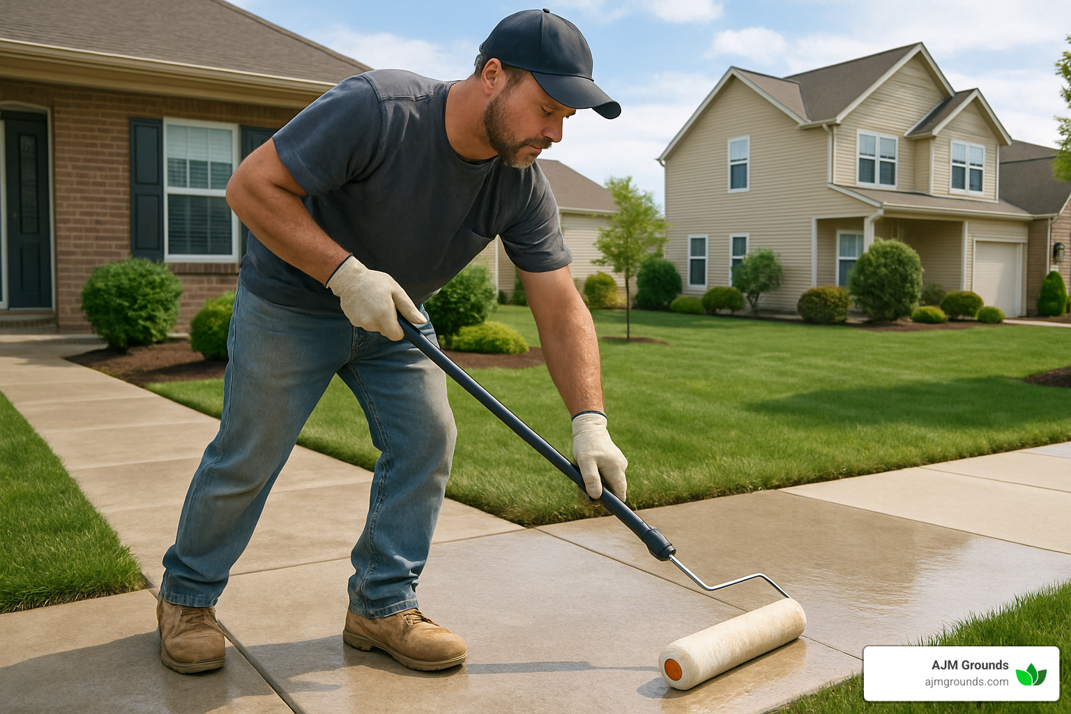 Contractor applying sealer to a concrete walkway - walkway contractors near me
