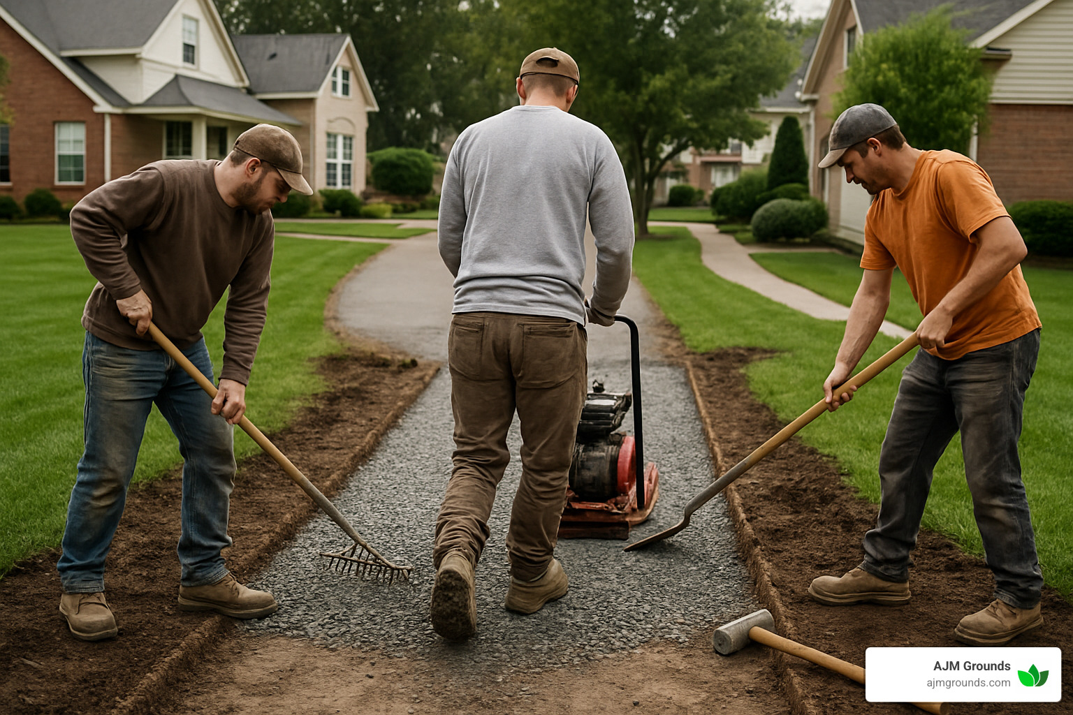 Contractors preparing the base for a walkway installation - walkway contractors near me