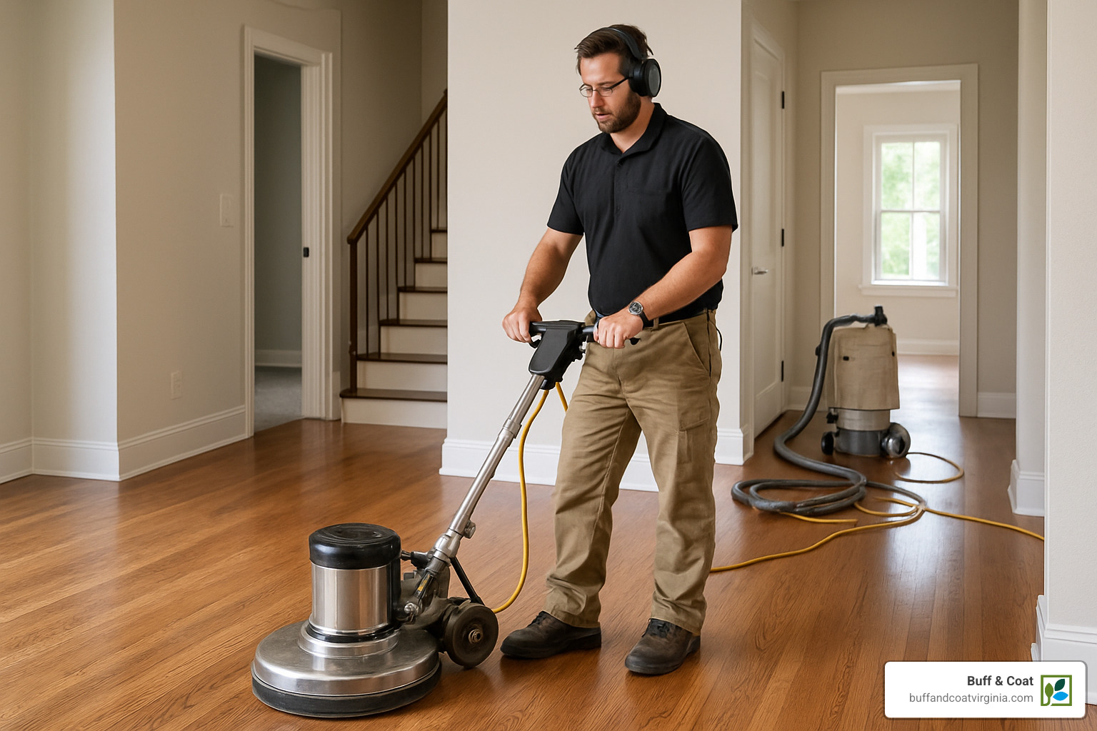 buffer in action - refinishing prefinished wood floors