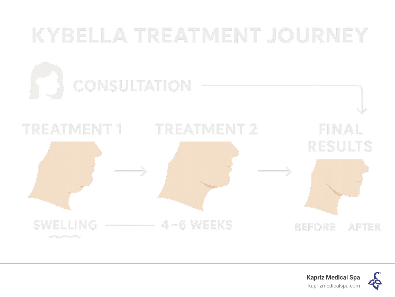 Kybella treatment journey showing the progression from consultation through multiple treatment sessions to final results, including timeline of swelling and recovery periods between treatments, with before/after comparison - Kybella treatments Jacksonville infographic