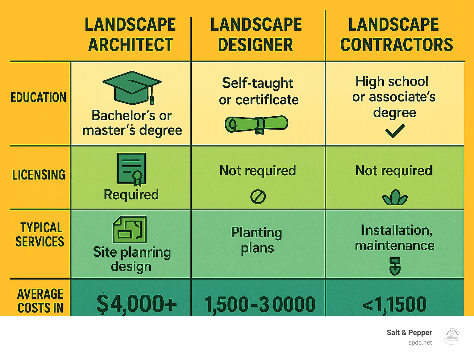 Comparison chart showing differences between landscape architects, landscape designers, and landscape contractors with education requirements, licensing, typical services, and average costs in Tampa - landscape architect tampa infographic 