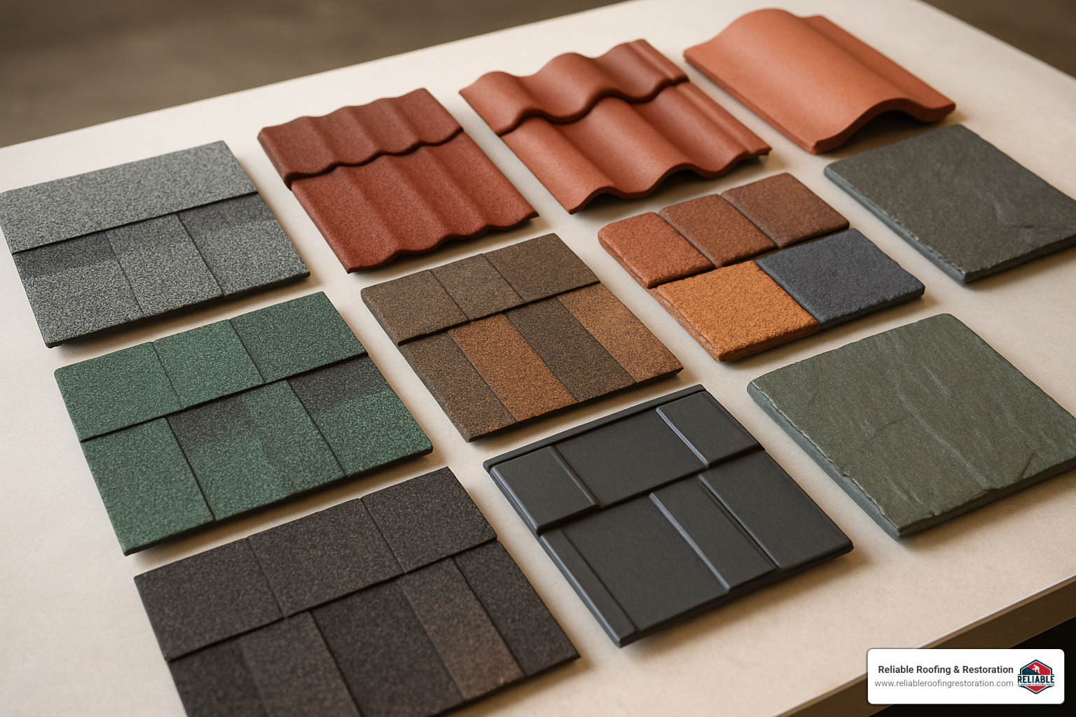 Various shingle samples showing different types and colors - cost to reshingle roof 1000 sq ft