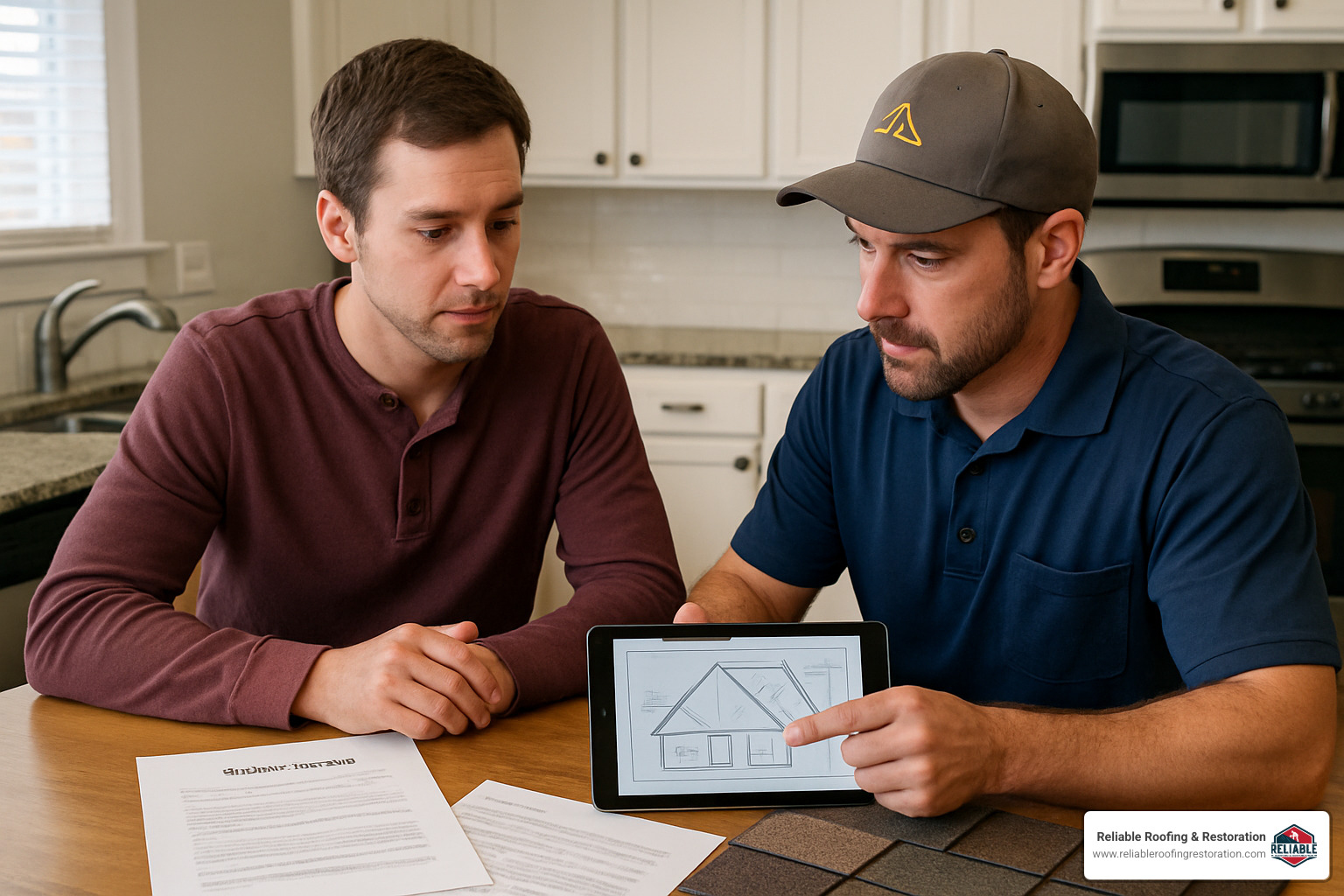Homeowner reviewing roofing estimates with contractor - cost to reshingle roof 1000 sq ft