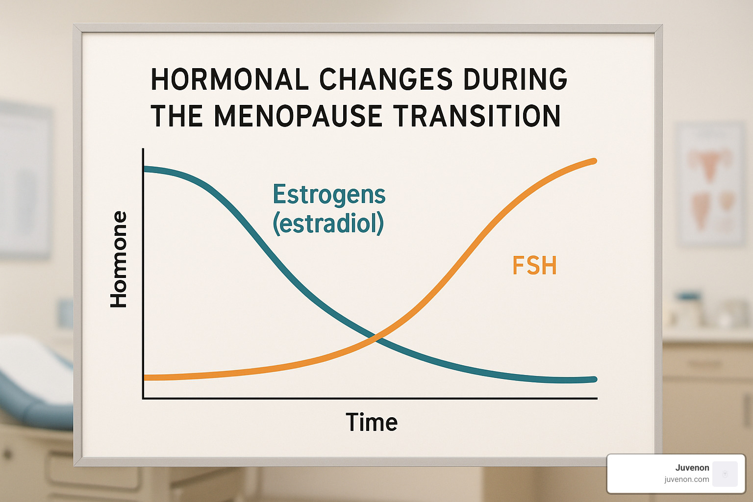 Hormonal changes during menopause transition showing declining estrogen and rising FSH levels - menopause system management