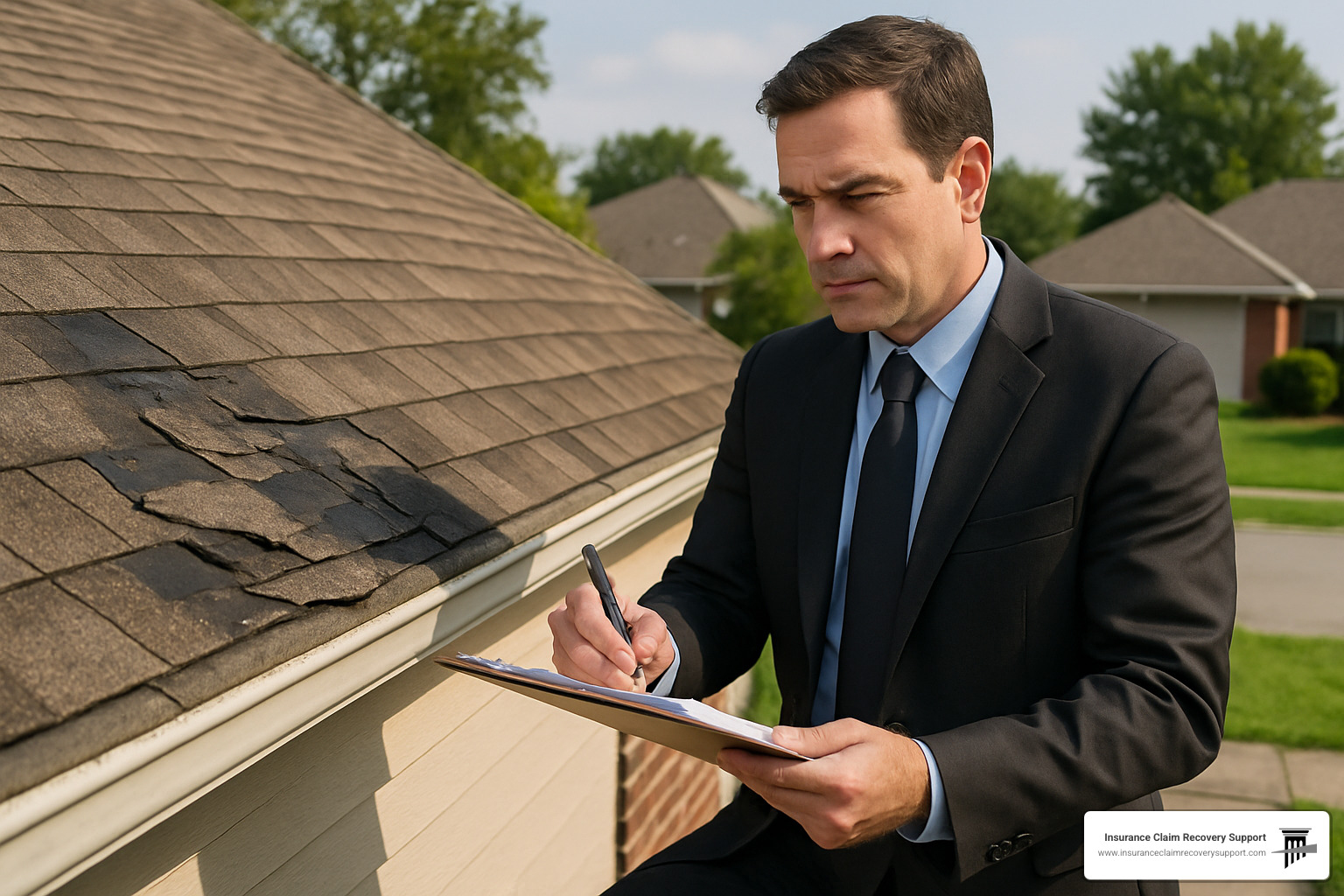insurance adjuster inspecting roof damage - home insurance claim process